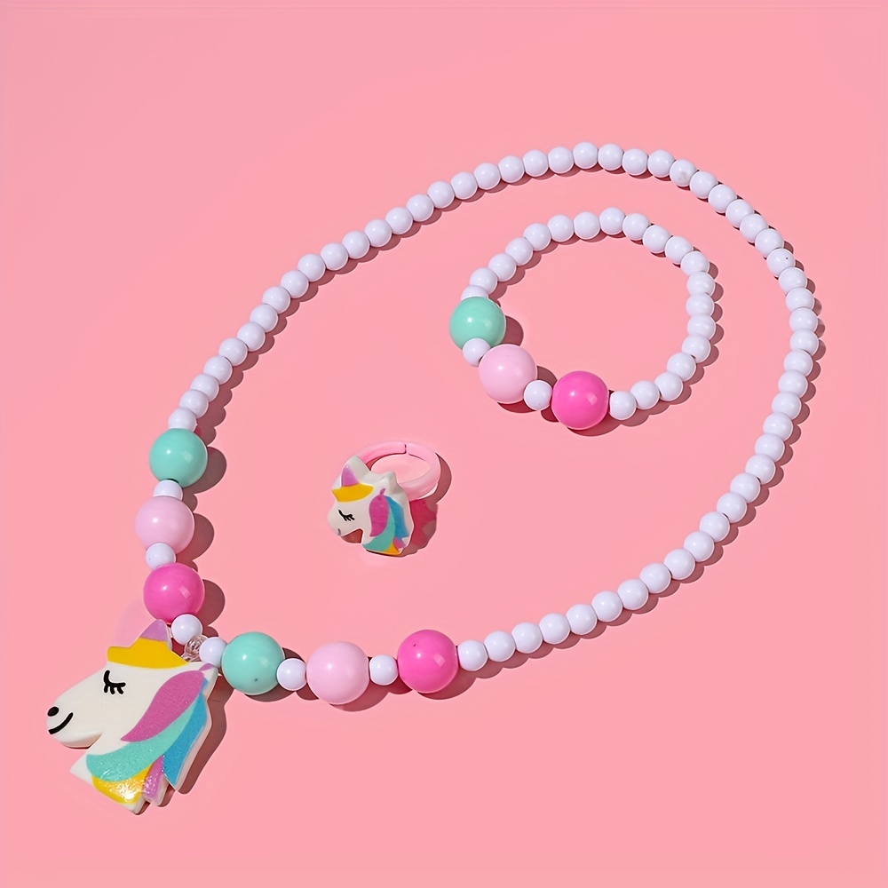 

3pcs Girls Colorful Unicorn Pendant Charm Beaded Necklace Bracelet Cartoon Ring Ring Cute Set Color Random