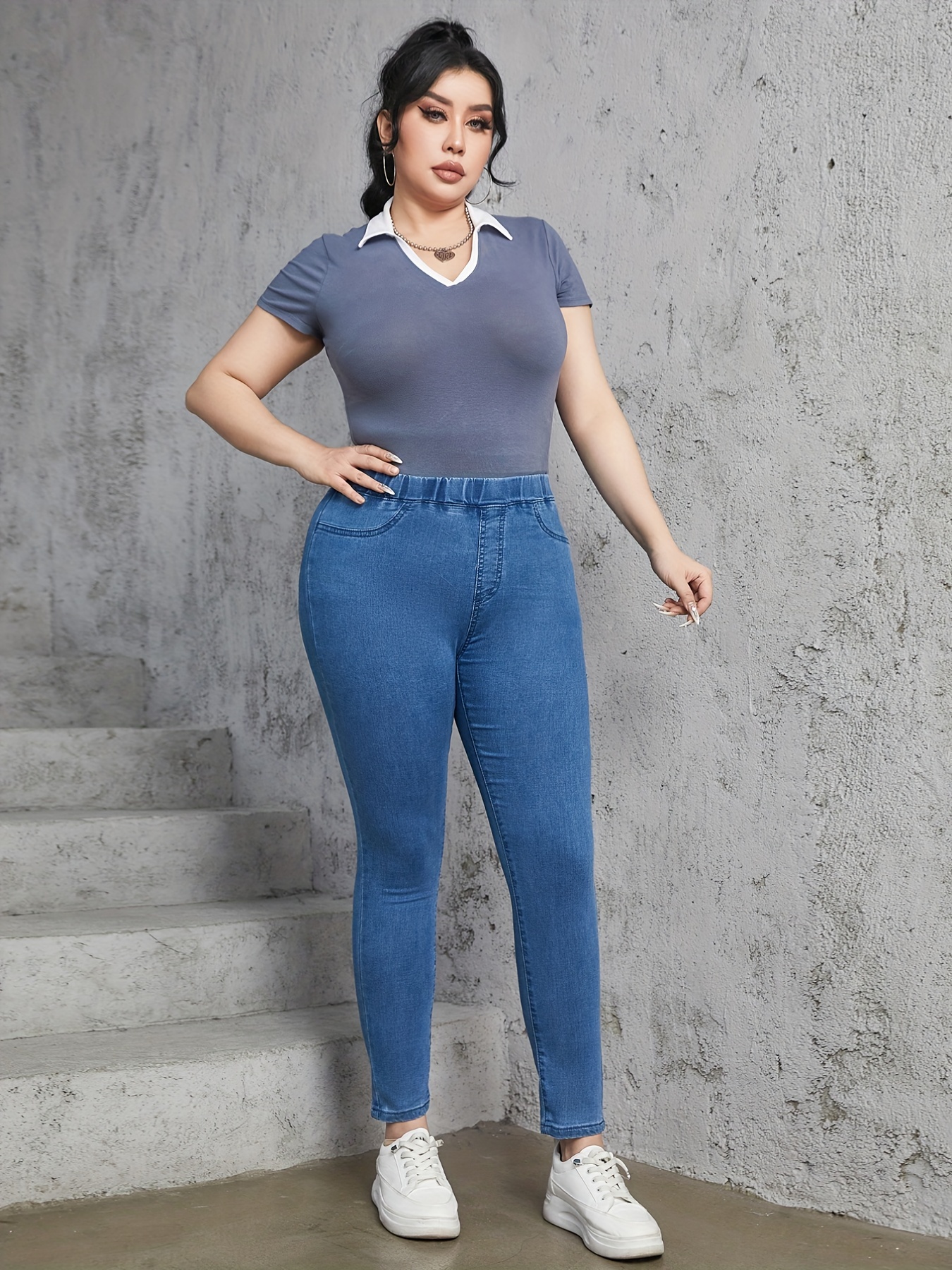 Plus Size Casual Skinny Jeans, Calças de ganga skinny de cintura elástica  de alta elasticidade para mulheres plus size
