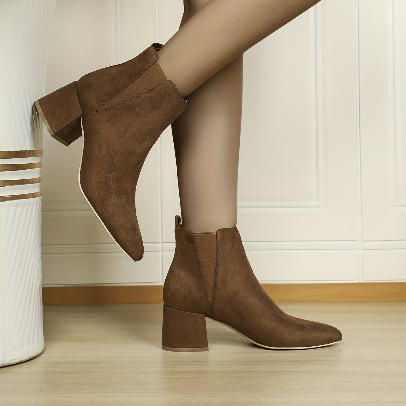 Women's Chunky Heel Ankle Boots Pointed Toe Slip-On Stretch Boots