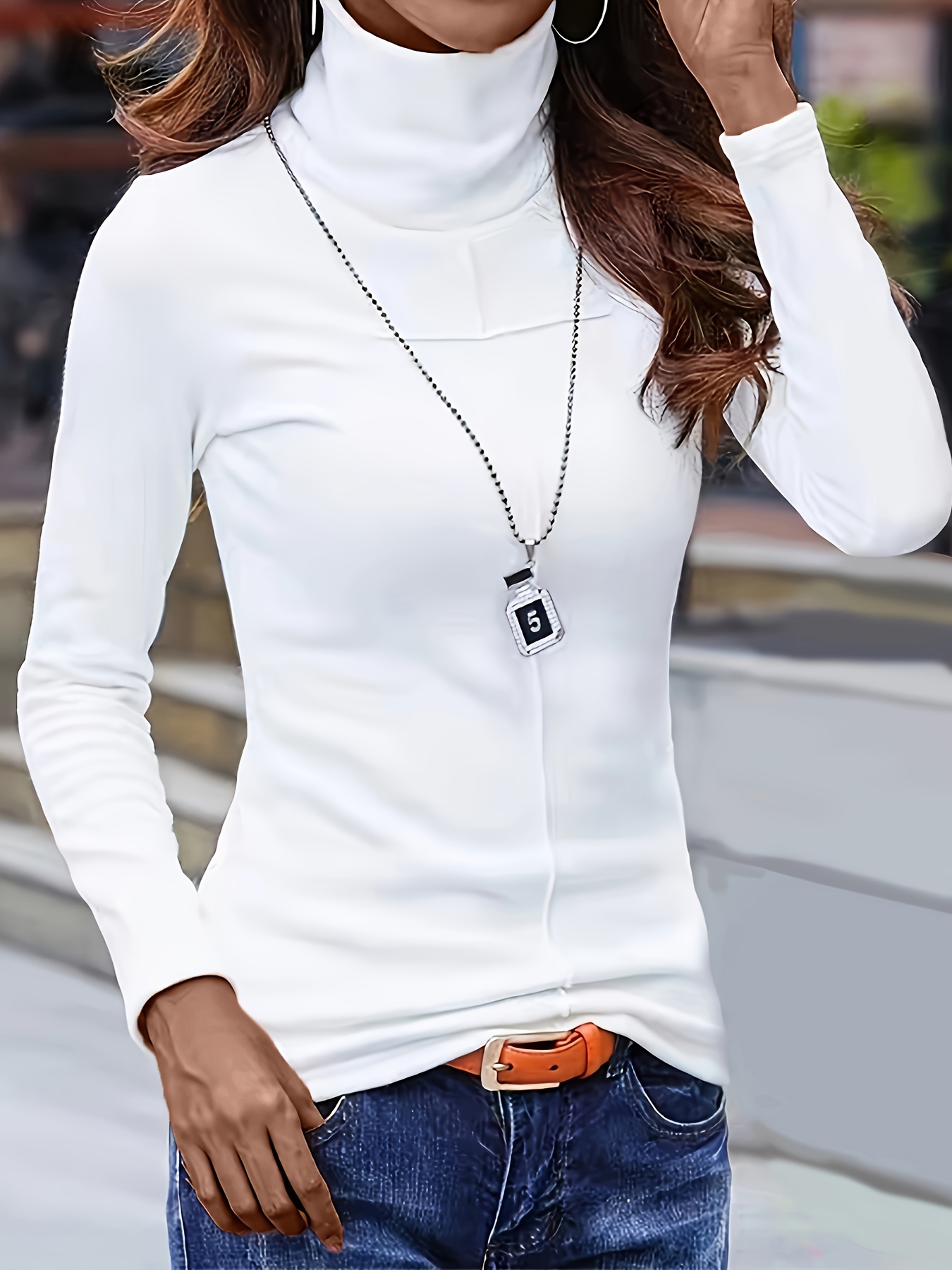 White Turtleneck Outfit  White turtleneck outfit, White long sleeve  blouse, White turtleneck