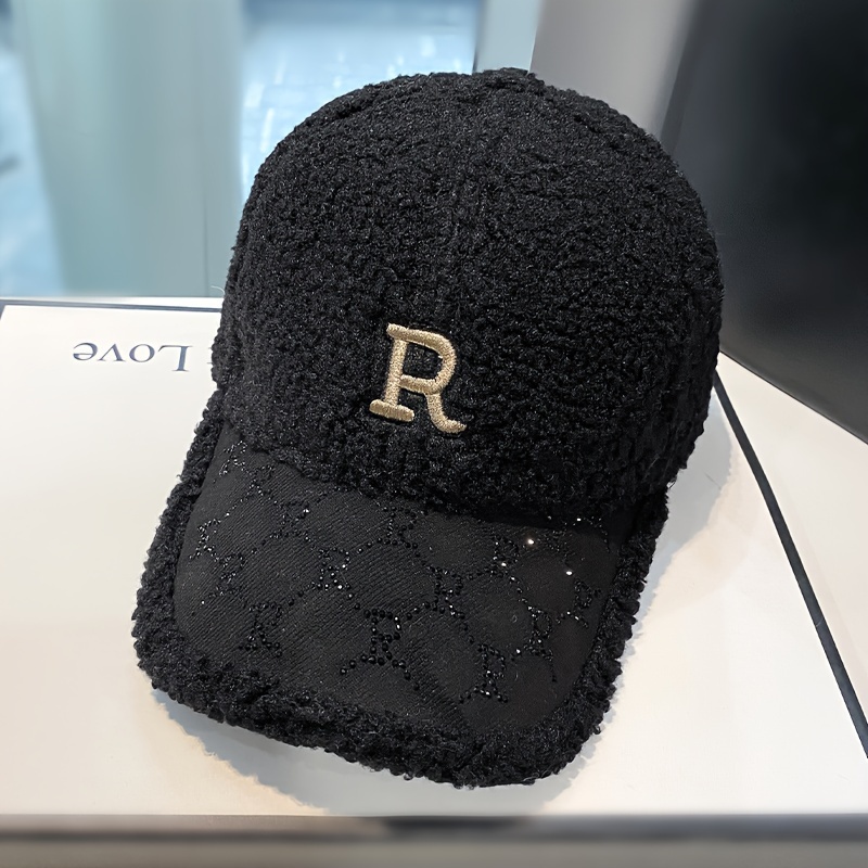 Letter R Embroidery Plush Baseball Solid Color Coldproof - Temu