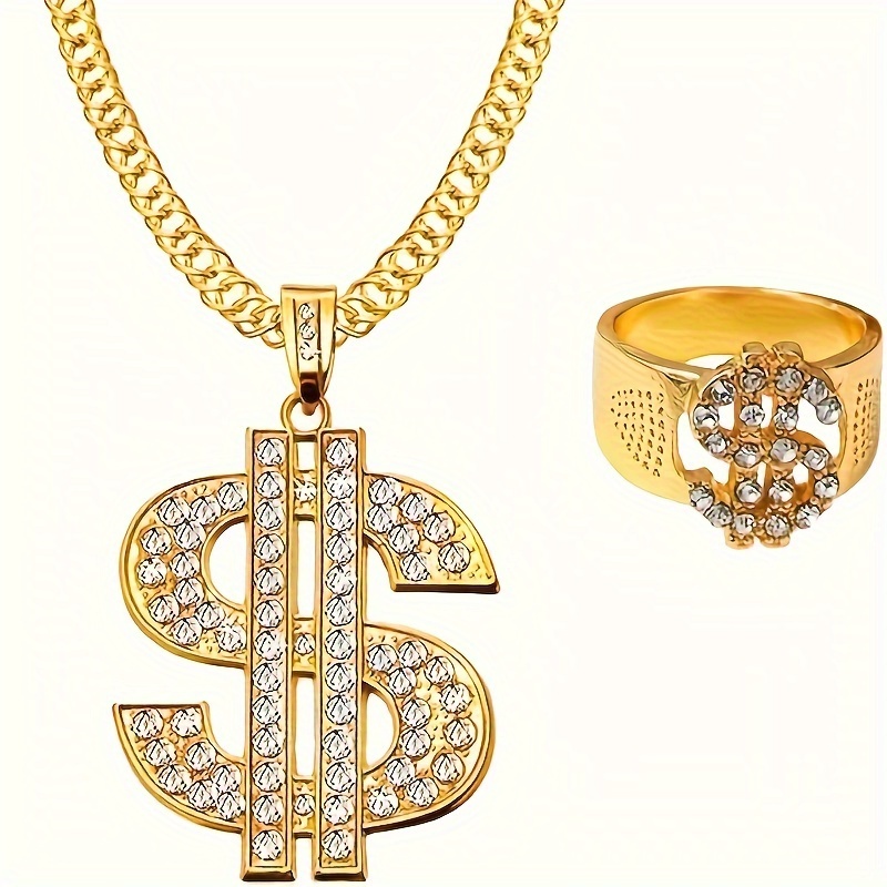 18K Gold Plated Dollar Chain Necklace, Fake Gold Chain for Men, Dollar Sign  Hip
