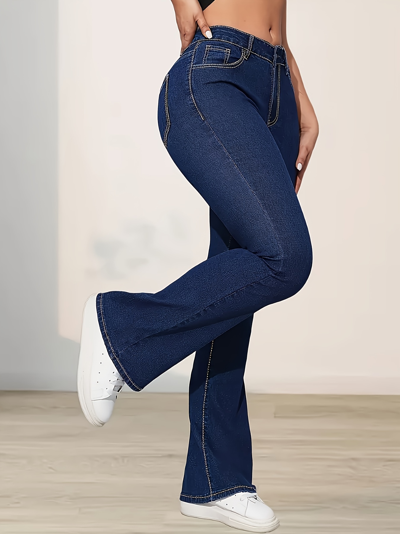 Blue High stretch Bootcut Jeans Slant Pockets Slim Fit - Temu