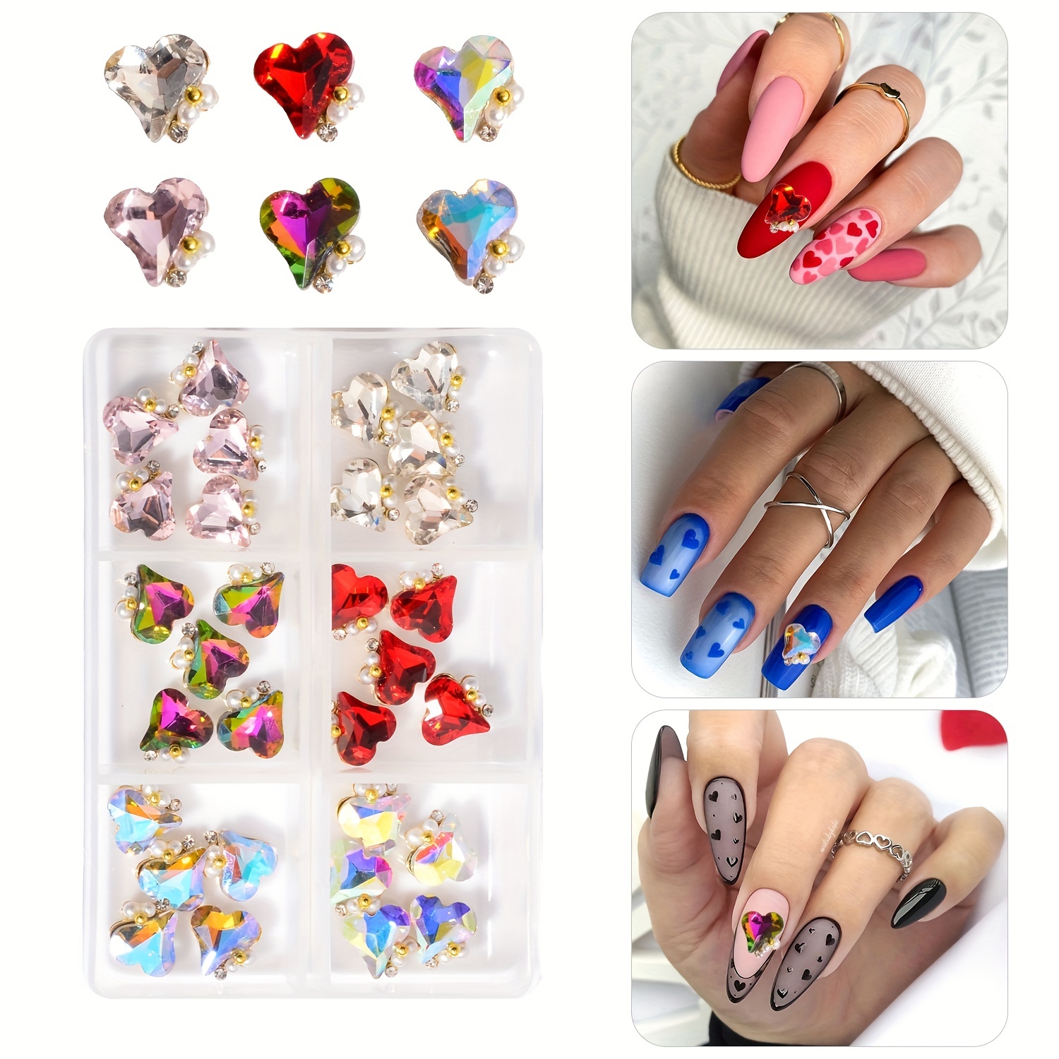 3d Heart Nail Art Rhinestones With Pearls And Bead,colorful Ab