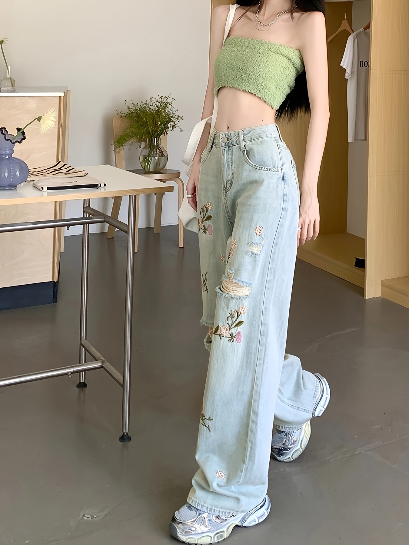 Women Cotton Pants Floral Embroidery Loose Baggy Elastic Waist Trousers Cute