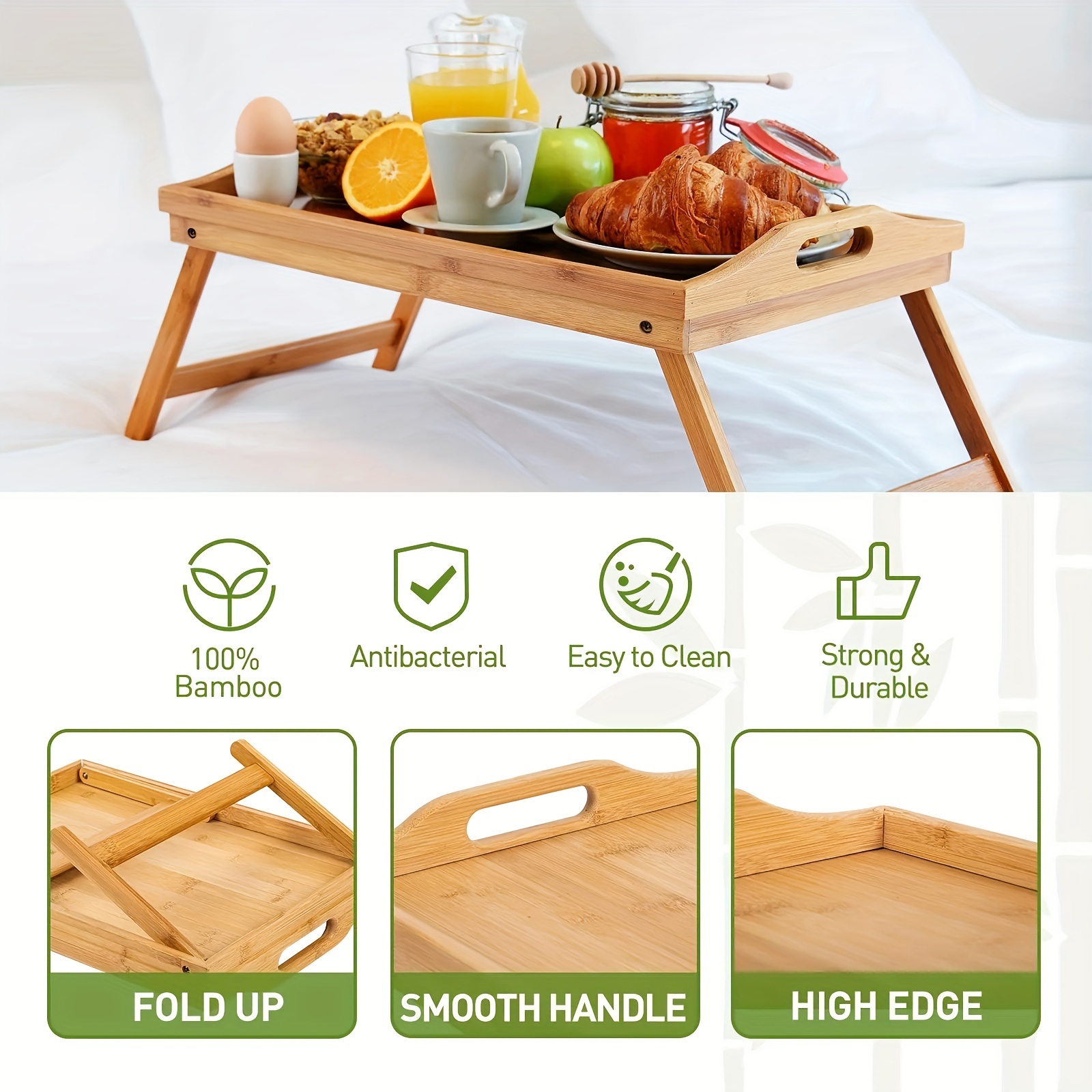 PrimeCables Plateau de lit en bambou, plateaux de service de petit-déjeuner  avec poignée