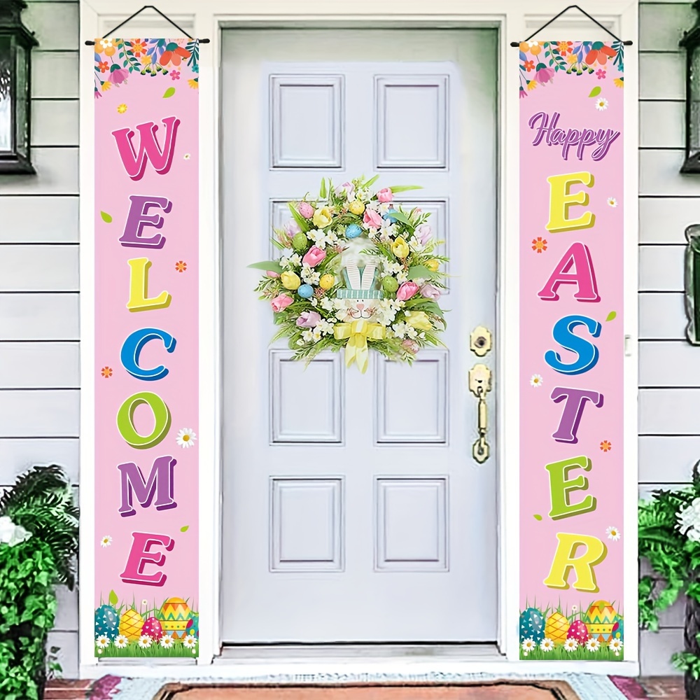 

1pair, Welcome Easter Porch Home Decorations, Polyester Easter Egg Pink Theme Pattern Spring Party Banner Fence Garden Outdoor Indoor Hanging Decoration