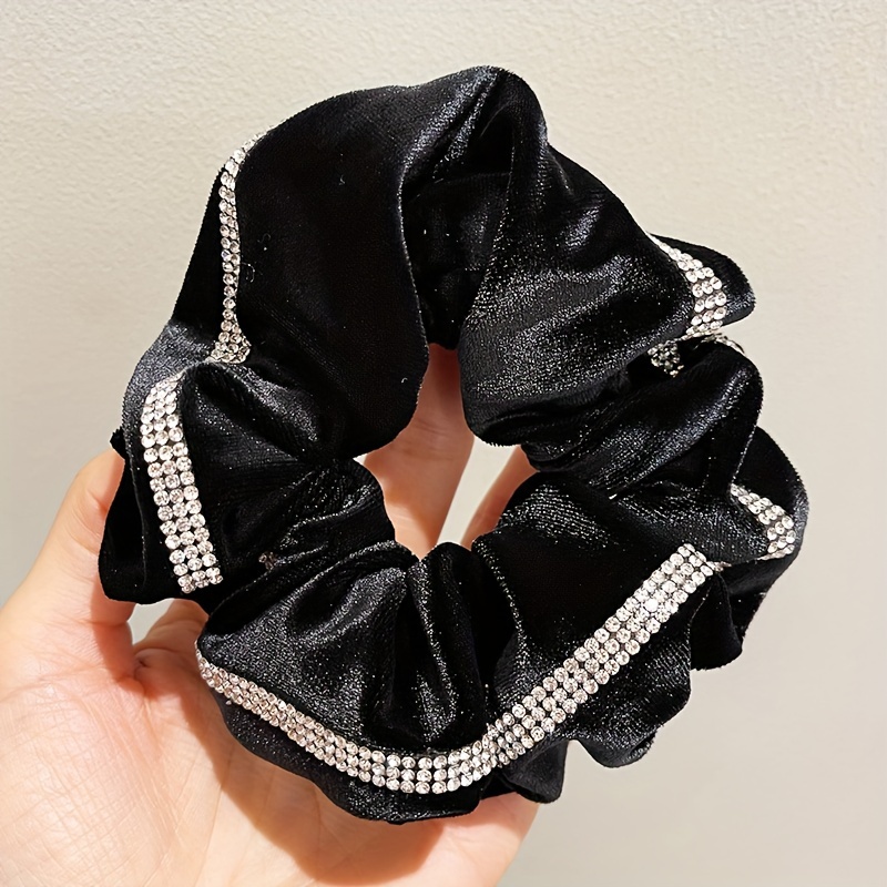 Image of 1pc Women' Color Velvet Fabric Scrunchie With Iron-on Rhinestones, Hair Tie, Hair Accessory, Headwear