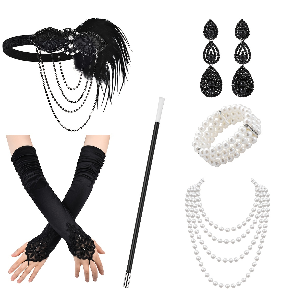 Meiruier 1920 accessori di Set,Accessori Anni '20, alla moda con fascia ,  guanti lunghi, collana con perle e accessori per donne, Charleston Fancy  Set per Natale (gold) : : Moda