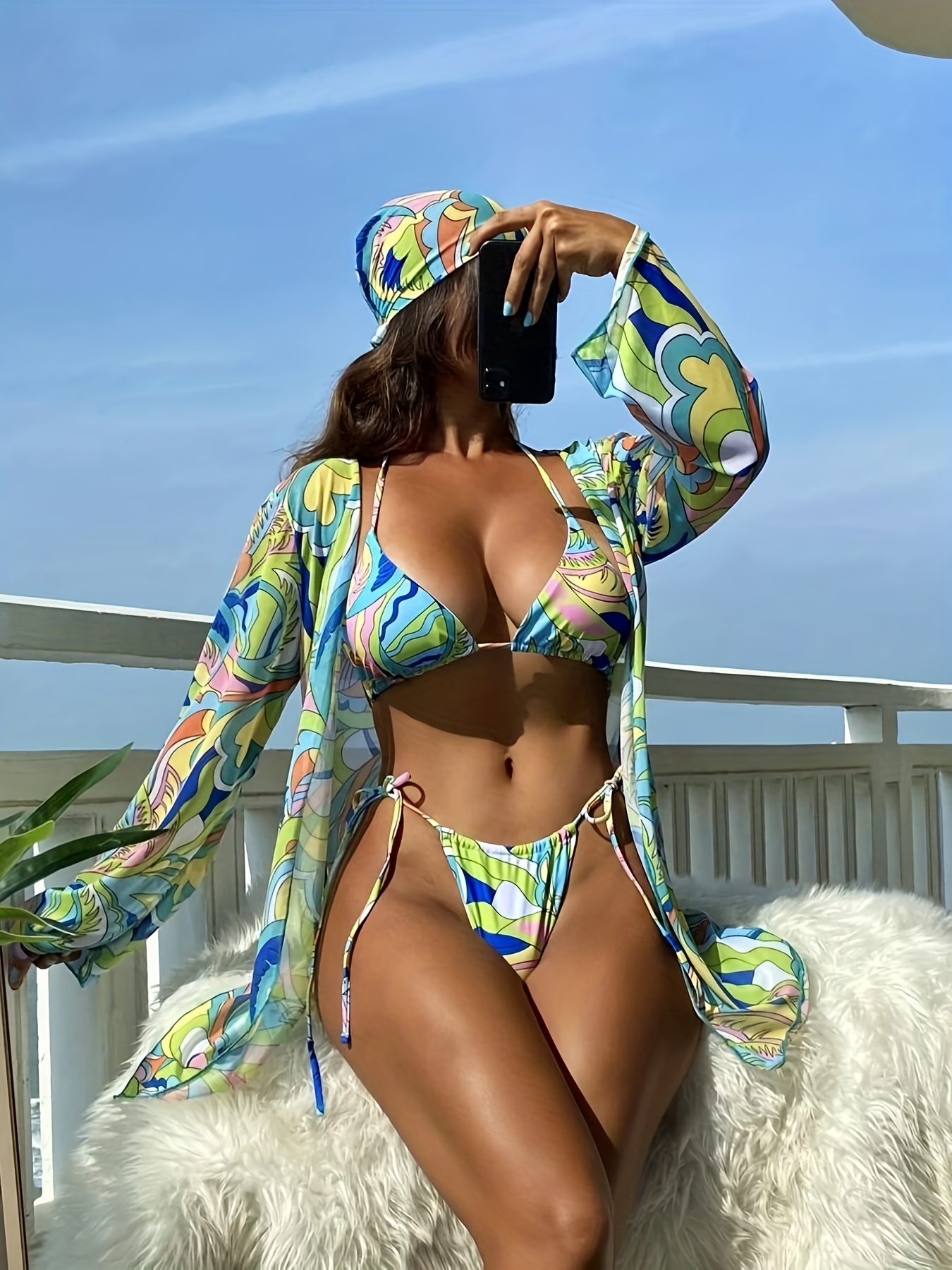 3 Pieces All Over Print Bikini Sets Halter V Neck High Cut With Long Sleeves Cover Up Robe Swimsuit Women s Swimwear Clothing