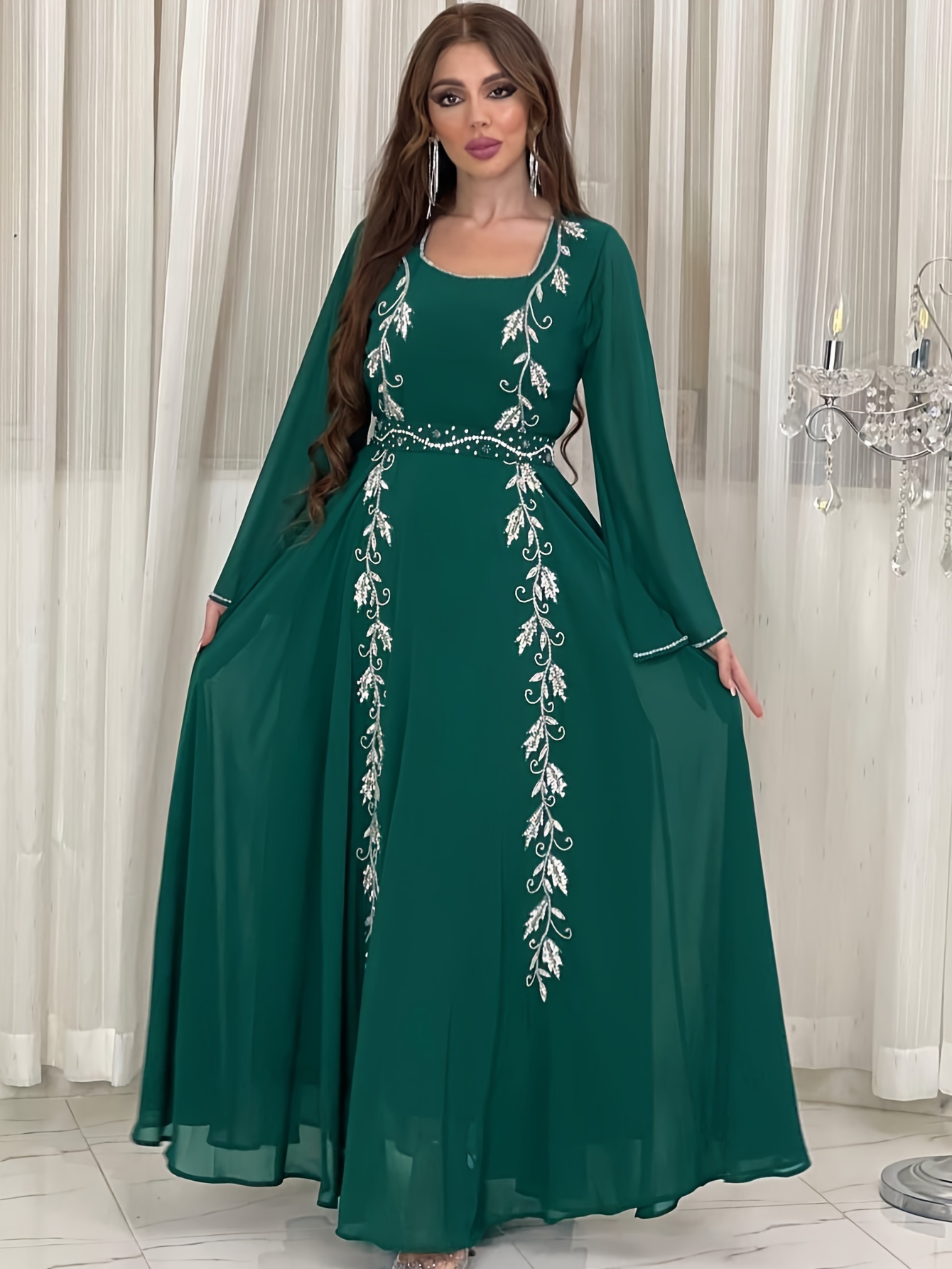 Ramadan Leaves Embroidered Aline Kaftan Dress Elegant Square - Temu