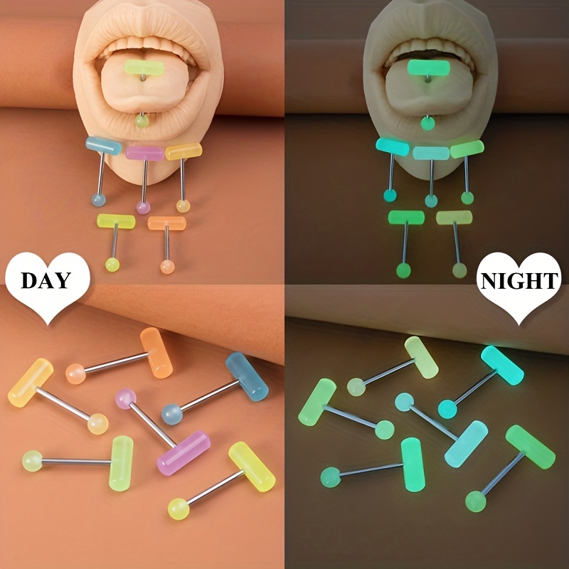 6pc Luminous Acrylic Tongue Stud Ring Set