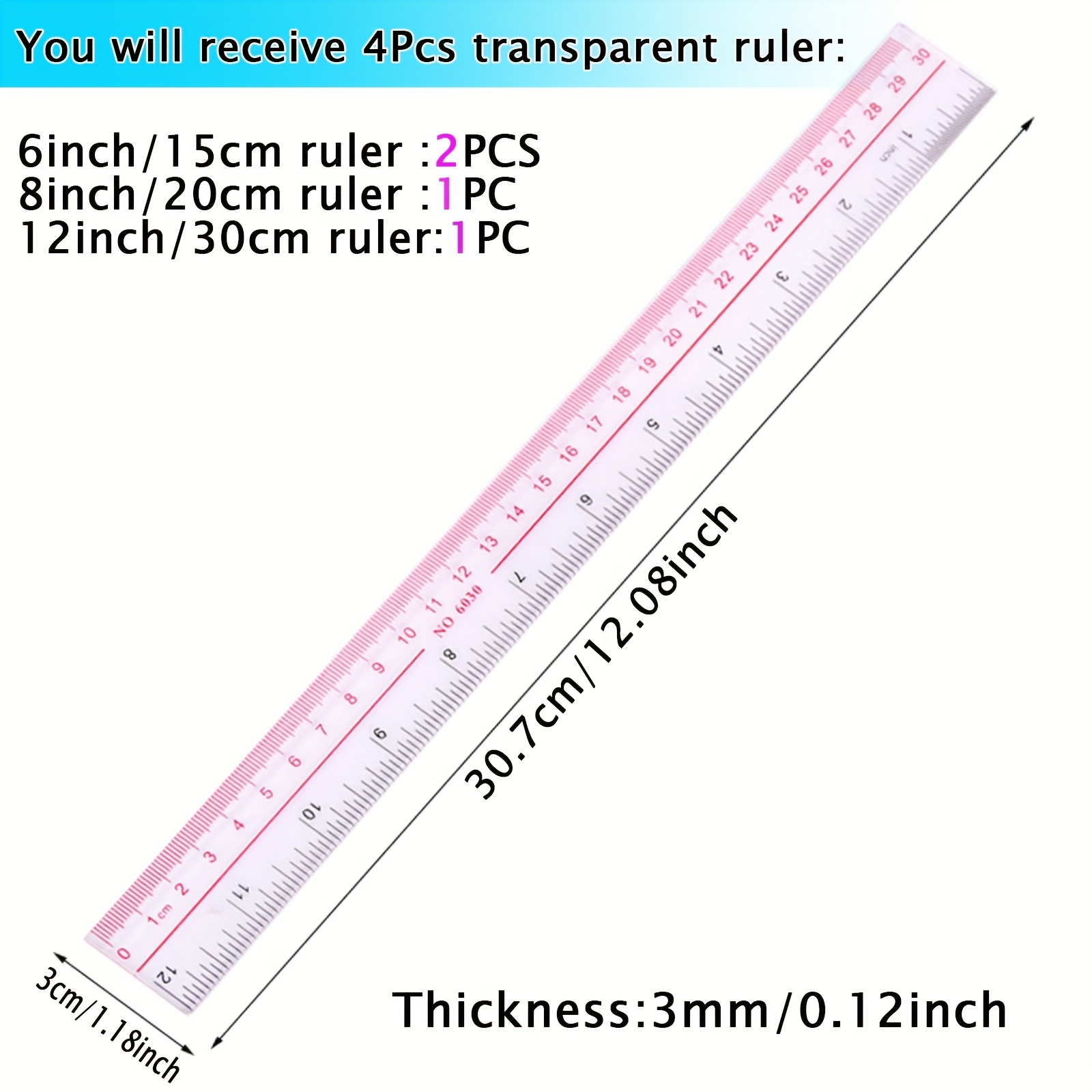 6 Pcs Clear Ruler ,6 inch Ruler, Plastic Ruler, Drafting Tools, Rulers for  Kids, Measuring Tools, Ruler Set, Ruler inches and Centimeters, Transparent