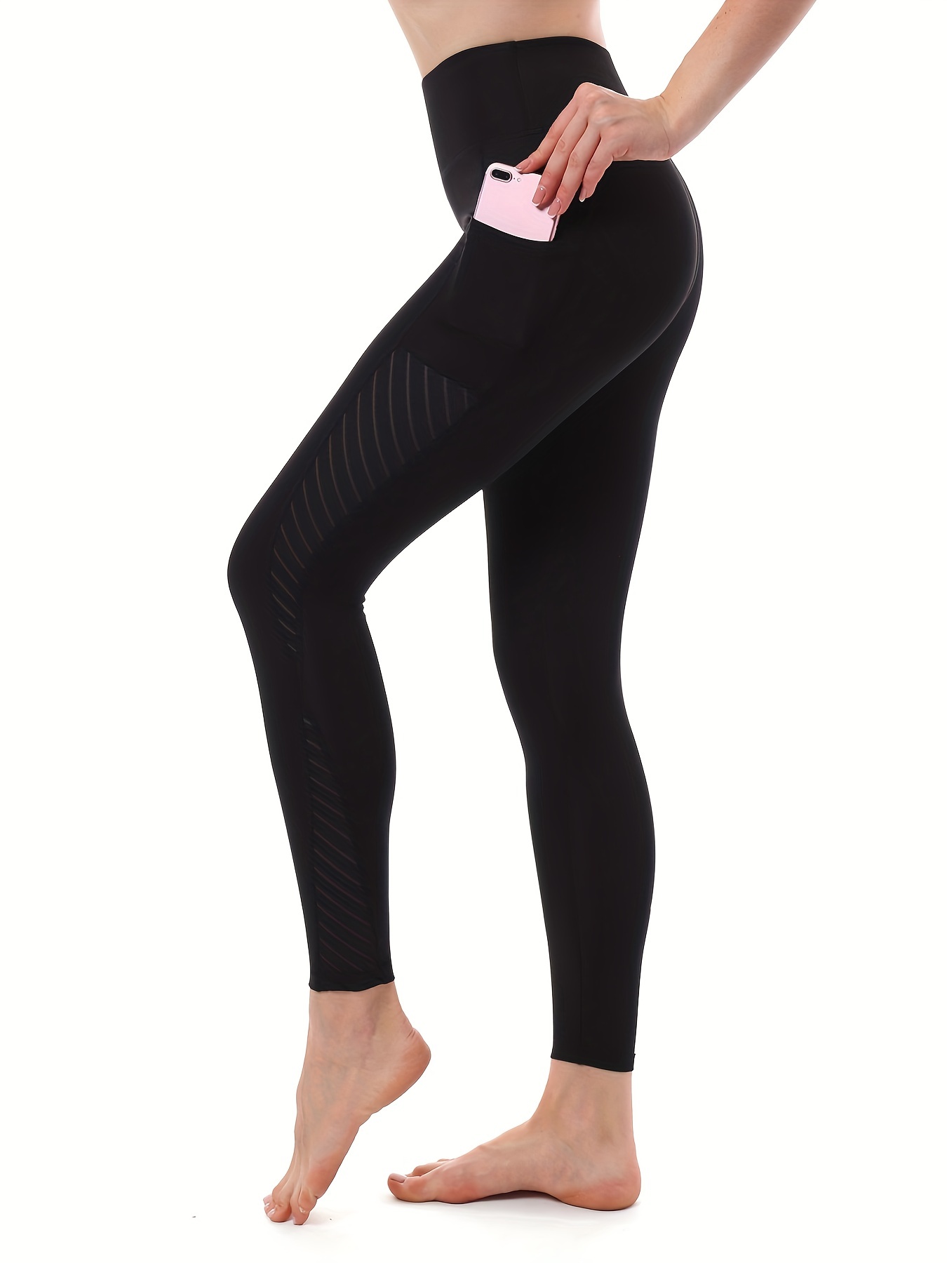 High waisted Black Yoga Leggings Tummy Control Side Pocket - Temu