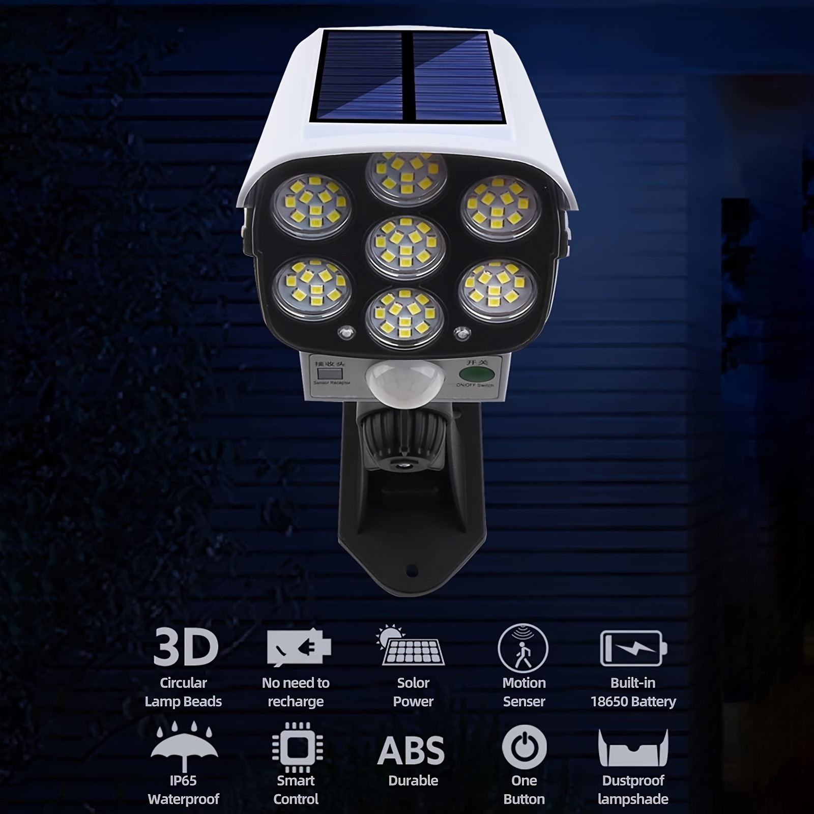 Luces solares con sensor de movimiento para exteriores, cámara de seguridad  falsa, 800 lúmenes, 8 focos LED de 5 vatios, luces solares para exteriores