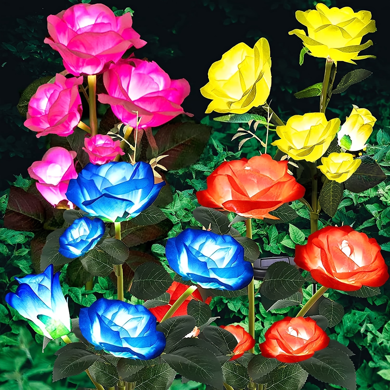 4pcs flower shaped solar flowers garden lights decorative 7 color changing rose lights 20 head rose for pathway patio yard party wedding valentines day outdoor decoration red pink yellow blue details 1
