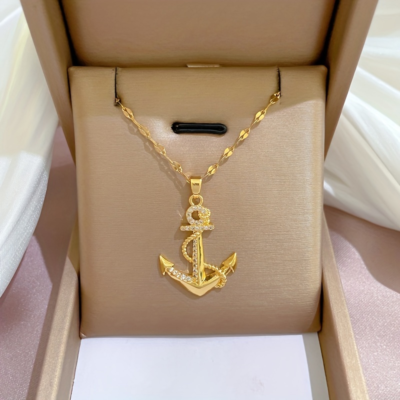 1pc Stainless Steel Trendy Jewelry Classic Golden Plated Anchor Pendant  Necklace For Women, Shining Zircon Party Accessories Gift For Girls