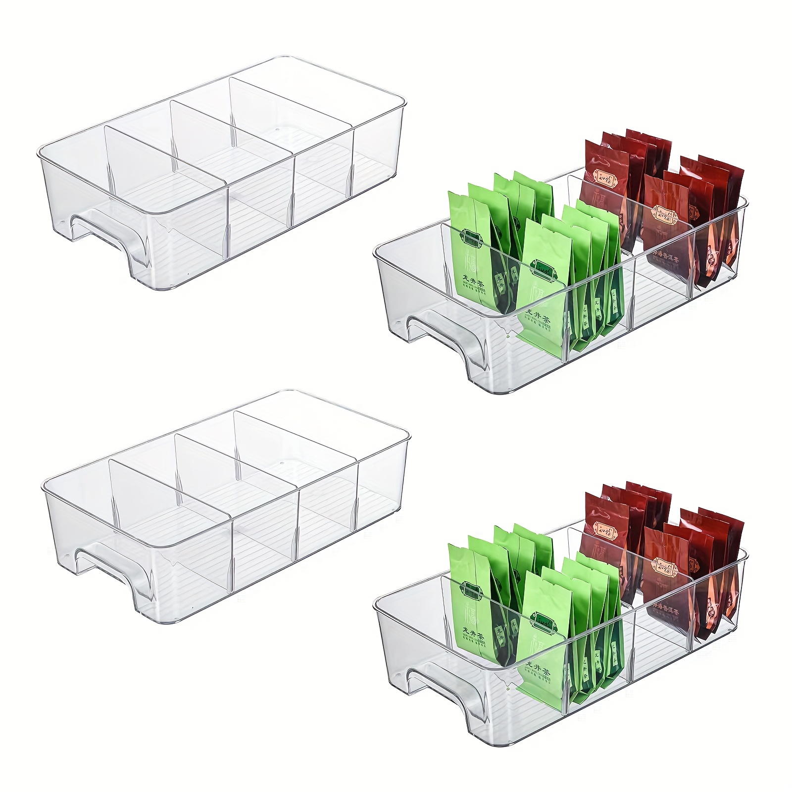 Food Storage Organizer Bins With 4 Compartments, Clear Plastic Storage Bins  For Pantry, Kitchen, Fridge, Cabinet Organization And Storage, For Packets,  Snacks, Pouches, Spice Packets Organization - Temu