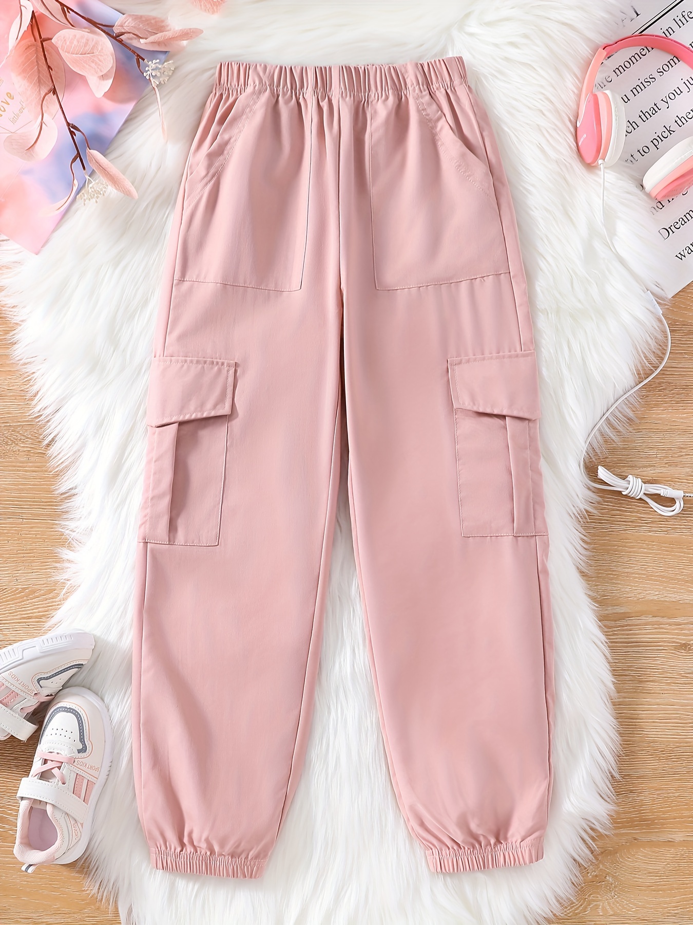 Teens Kid Girl Solid Cargo Pants Comfy Cotton Functional - Temu