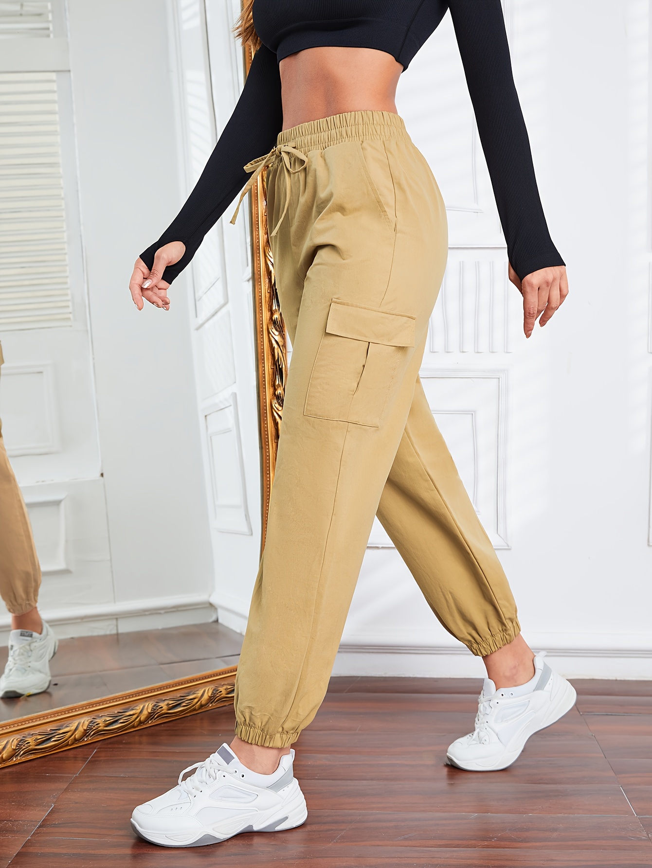  Pantalones para mujer con cordón en la cintura, bolsillo con  solapa y bolsillo lateral (color : naranja, talla: S) : Ropa, Zapatos y  Joyería