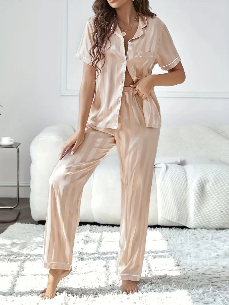Striped Satin Pajama Set Short Sleeve Buttons Top Elastic - Temu
