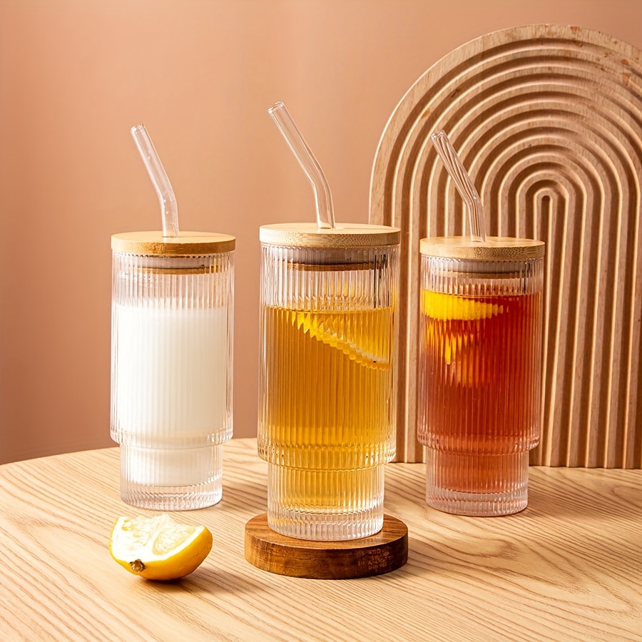  16oz Glass Cups with Lids and Straws Ribbed Glassware