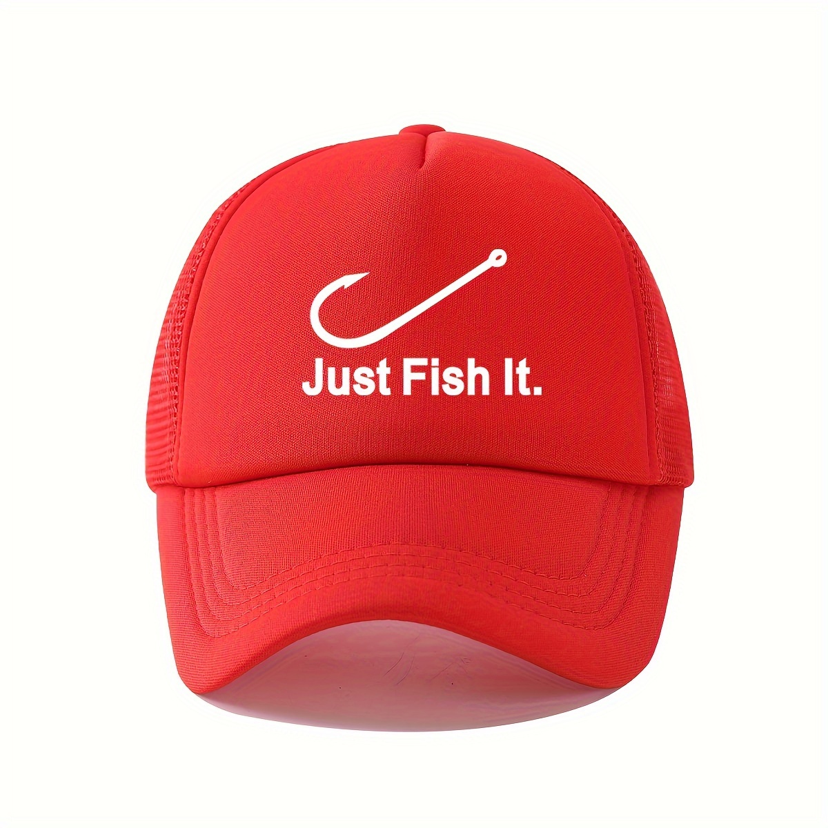 Just Fish It Slogan Baseball Trendy Printed Solid Color Mesh Trucker Hat unisex Breathable Adjustable Dad Hats for Women Men,Temu