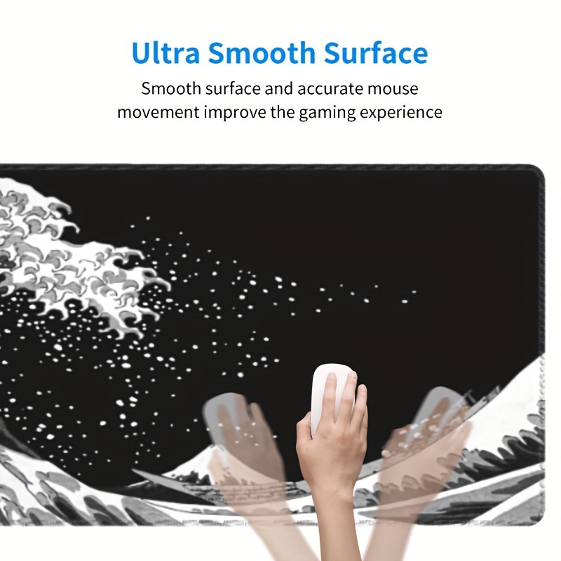 Japanese Wave Mouse Pad Black White Sea Aesthetic Moon Extended Desk Mat  Non-Slip Rubber Base with Stitched Edge Large Playmat for Gaming Laptop  Computer,35.4×15.7 in 