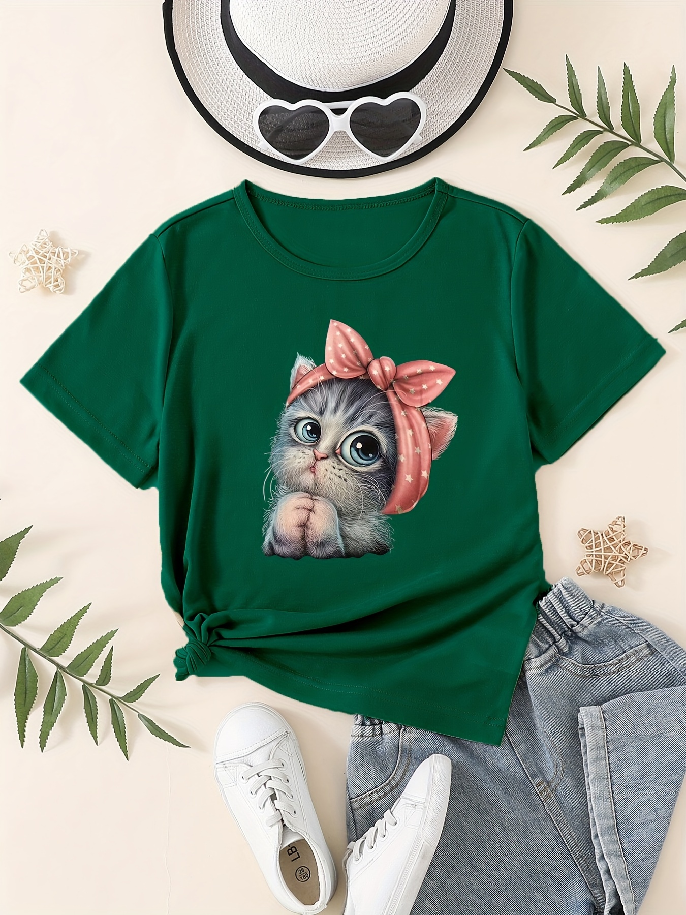 Girls Cat With Bow Print Short Sleeve T Shirt, Loose Crew Neck Tees, Kids  Clothes Summer