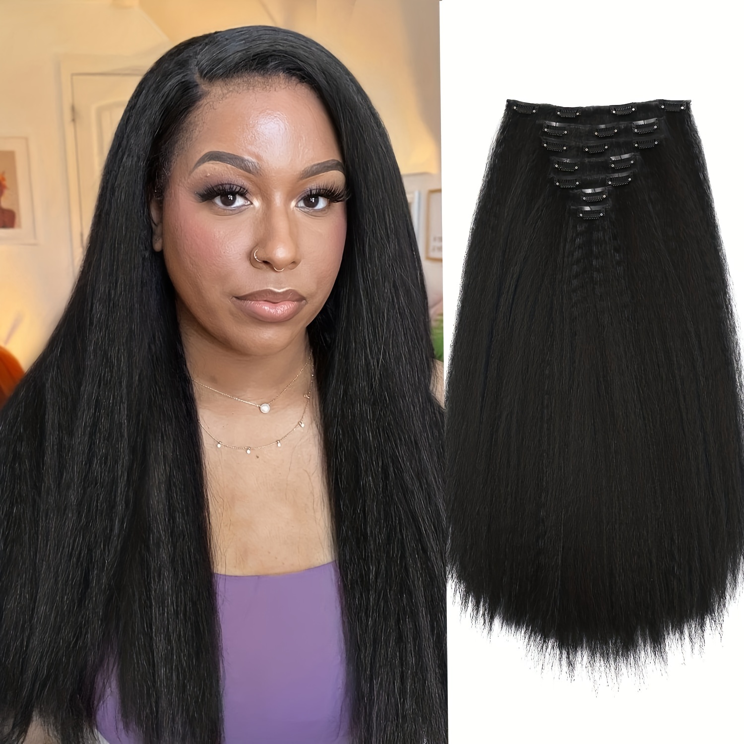 Natural Black Yaki Straight Clip in Hair Extensions For - Temu