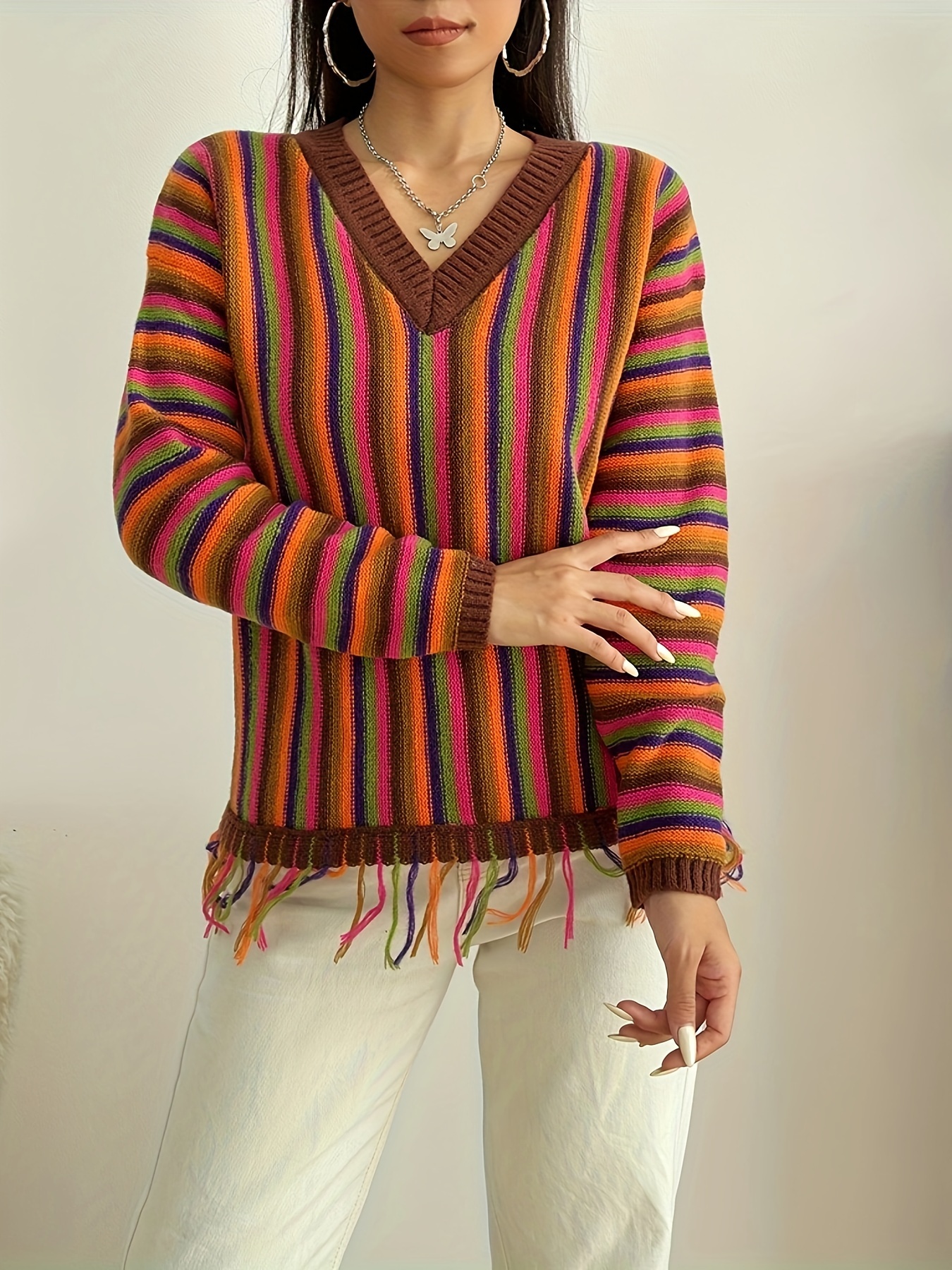 Women's Boho Sweater - Multi Color Striped Pullover