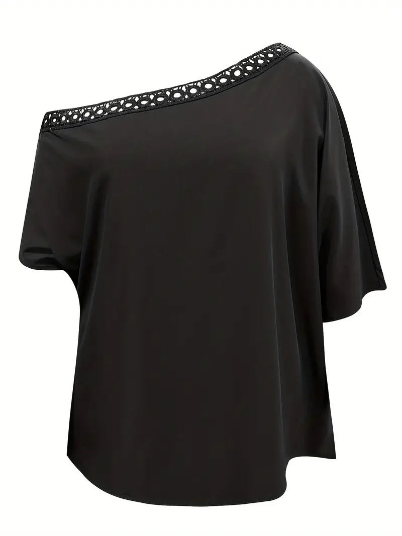 Casual Short sleeve Cold shoulder Solid Color Round neck Plus size Tops Casual Short sleeve Cold shoulder Solid Color Round neck Plus size Tops