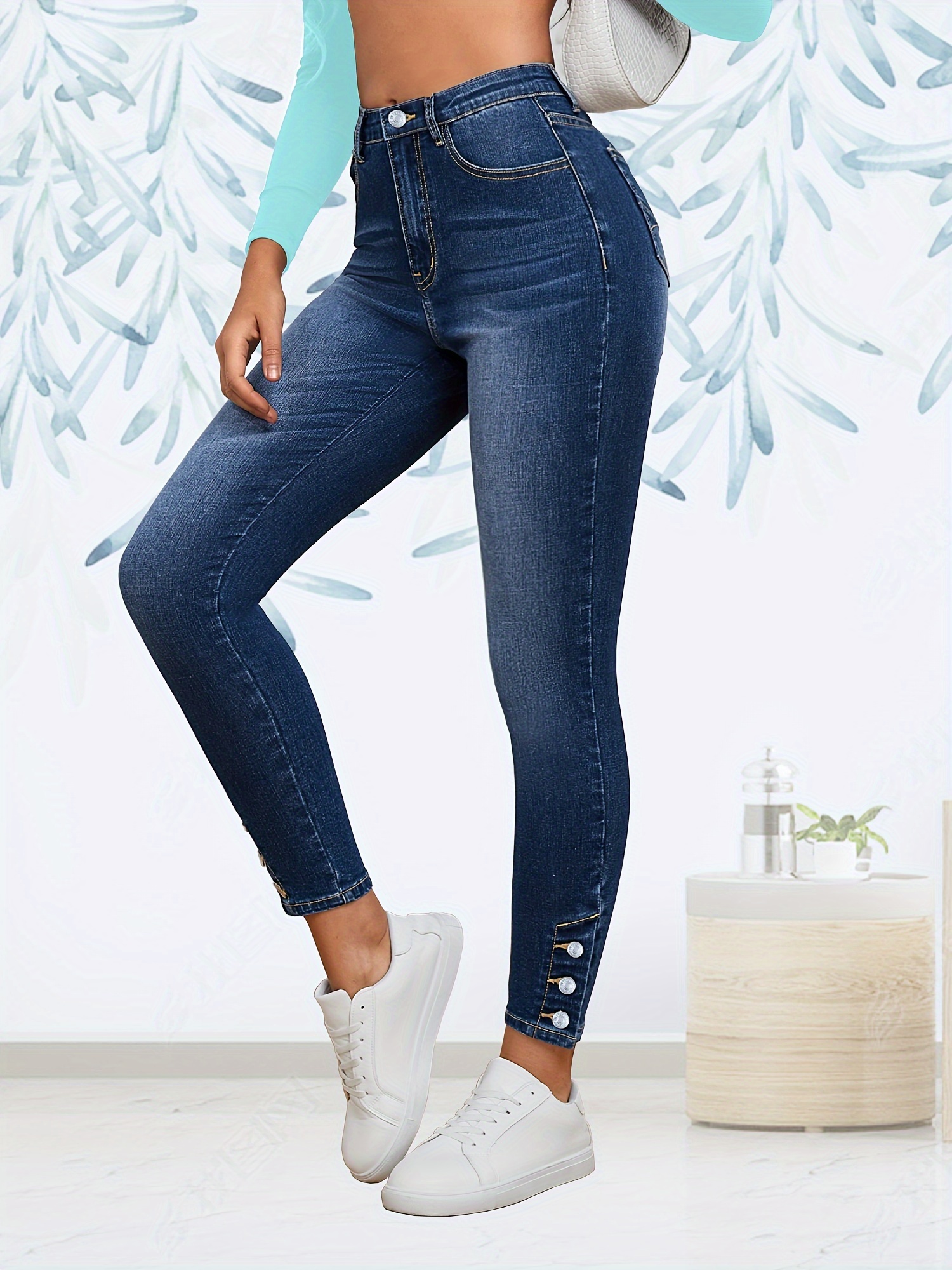 Star Print Whiskering High * Denim Pants, High Strech Slash Pocket Skinny  Jeans, Women's Denim Jeans & Clothing