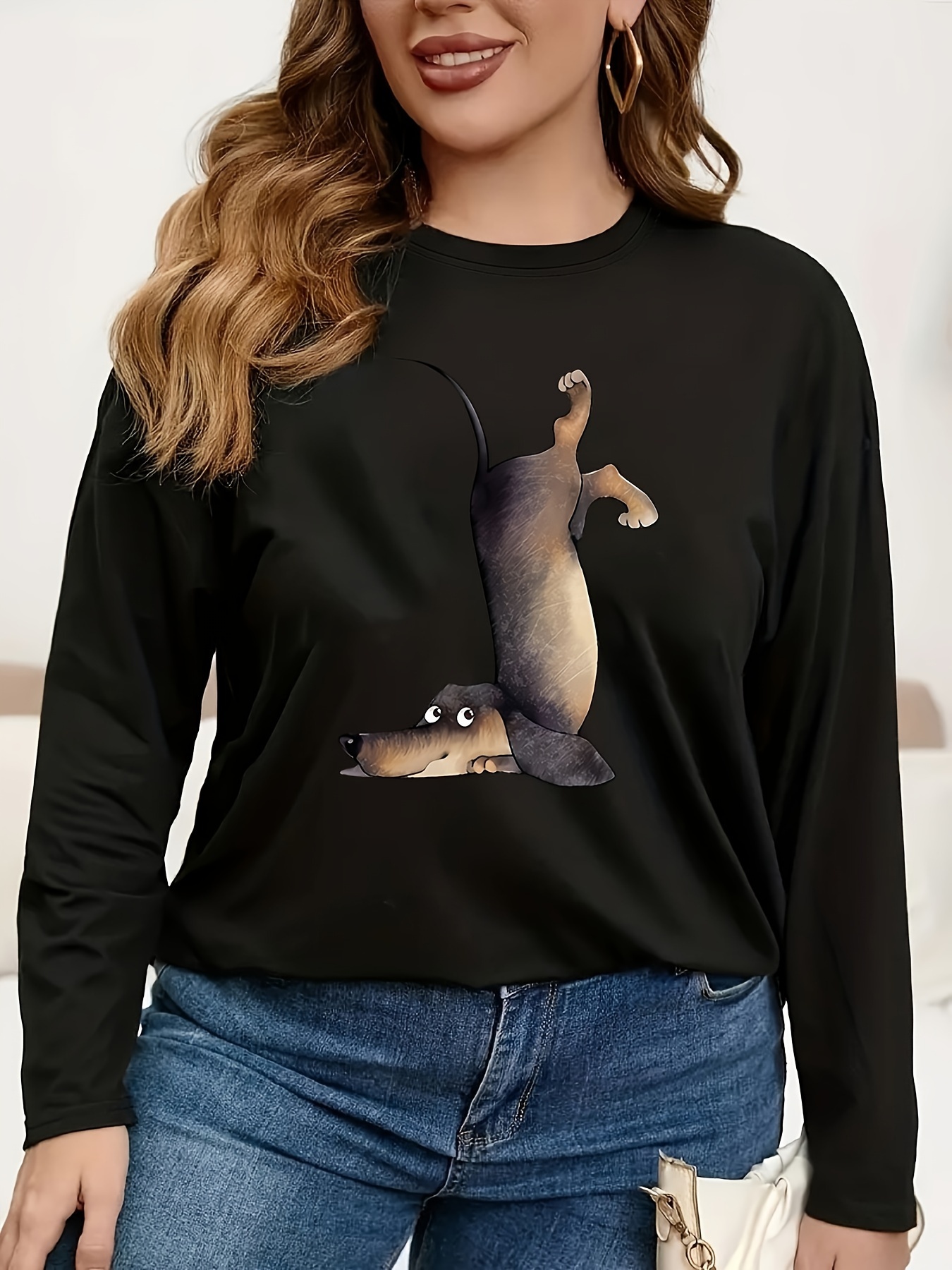 Women's Casual T shirt Plus Size Cute Dog Print Long Sleeve - Temu