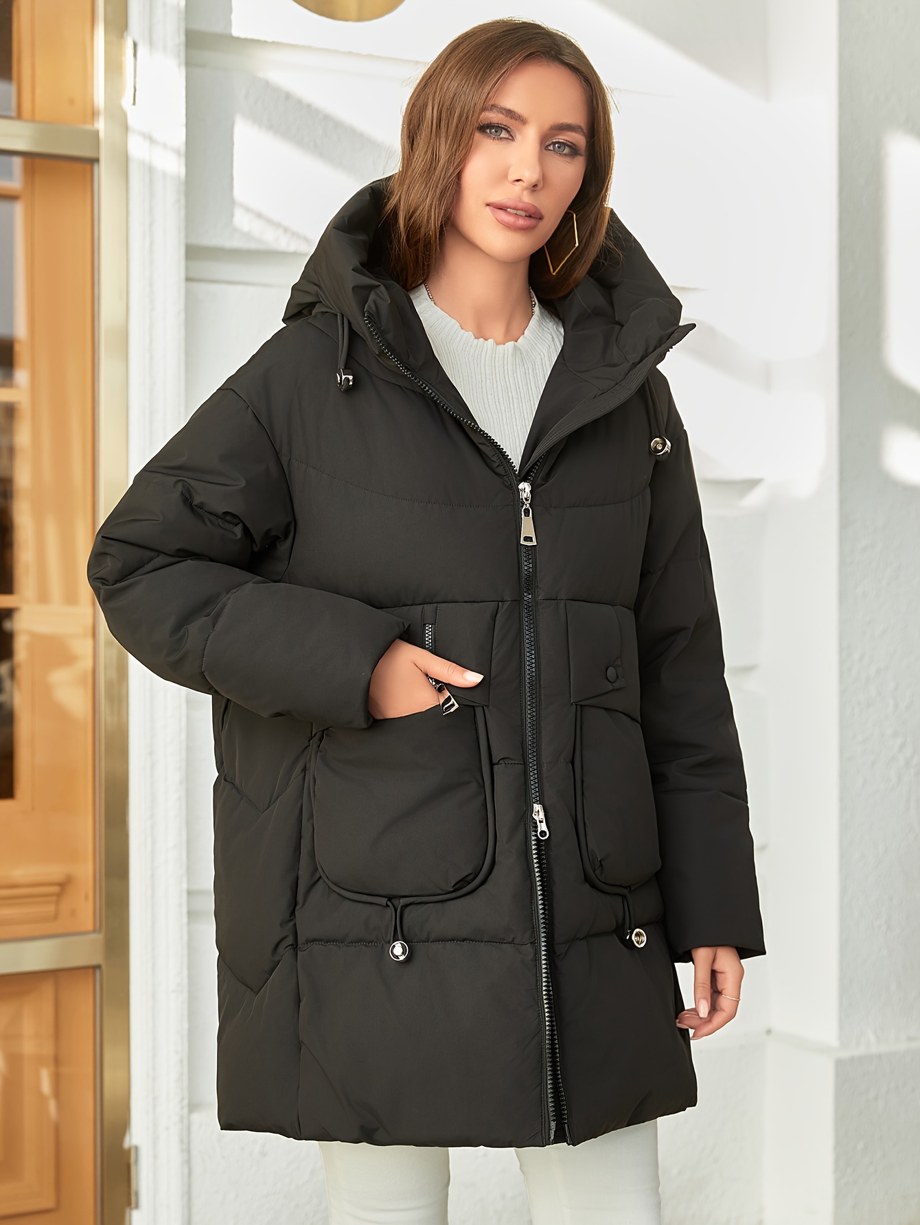 Plus Size Casual Coat Women's Plus Solid Long Sleeve Hooded - Temu