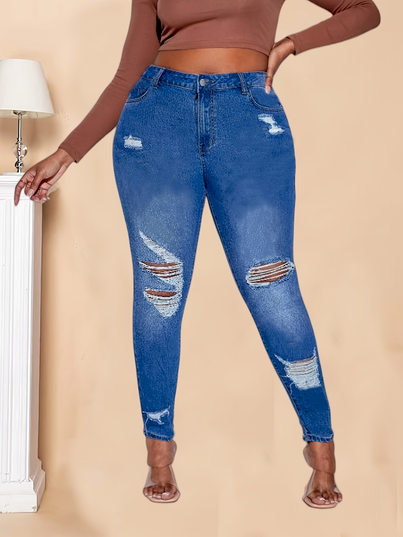 Plus Size Elegant Jeans Women's Plus Ripped Washed High Rise - Temu Canada