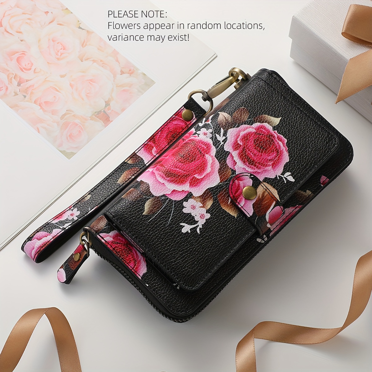 Rose Print Long Wallet With Fashionable Zipper Card Holder
