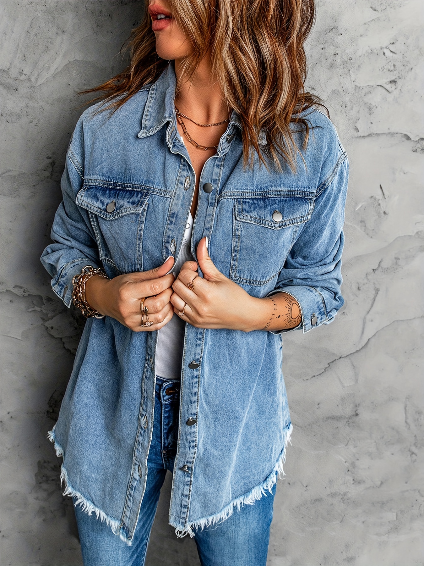 Blue Long Sleeves Denim Jackets Ripped Holes Non stretch - Temu