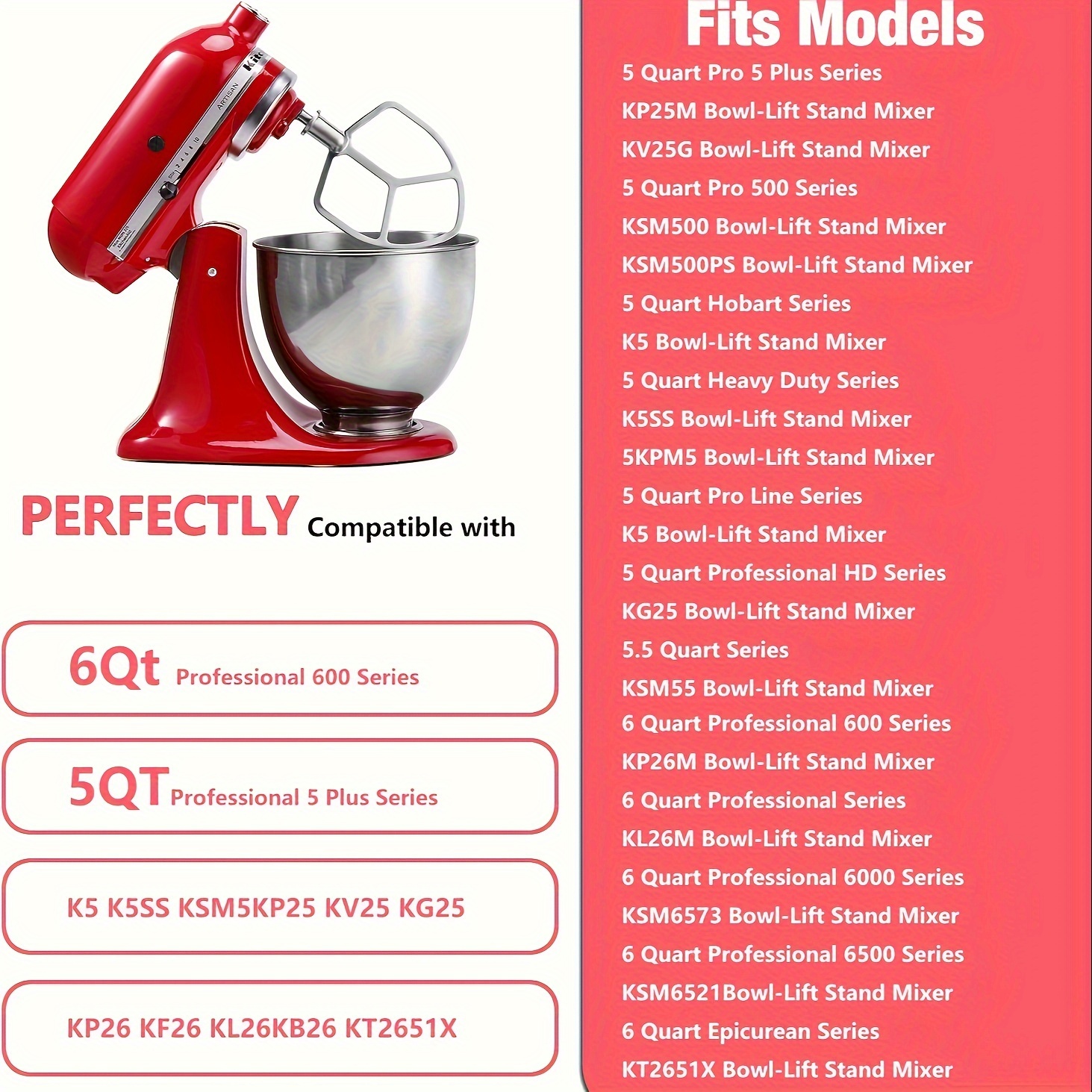5-6 Quarts ( Approximately 1.8 Liters) Flat Bottom Mixer, Stainless Steel  Paddle Attachment, For KitchenAid Professional 5 Plus And 600 Series Mixers
