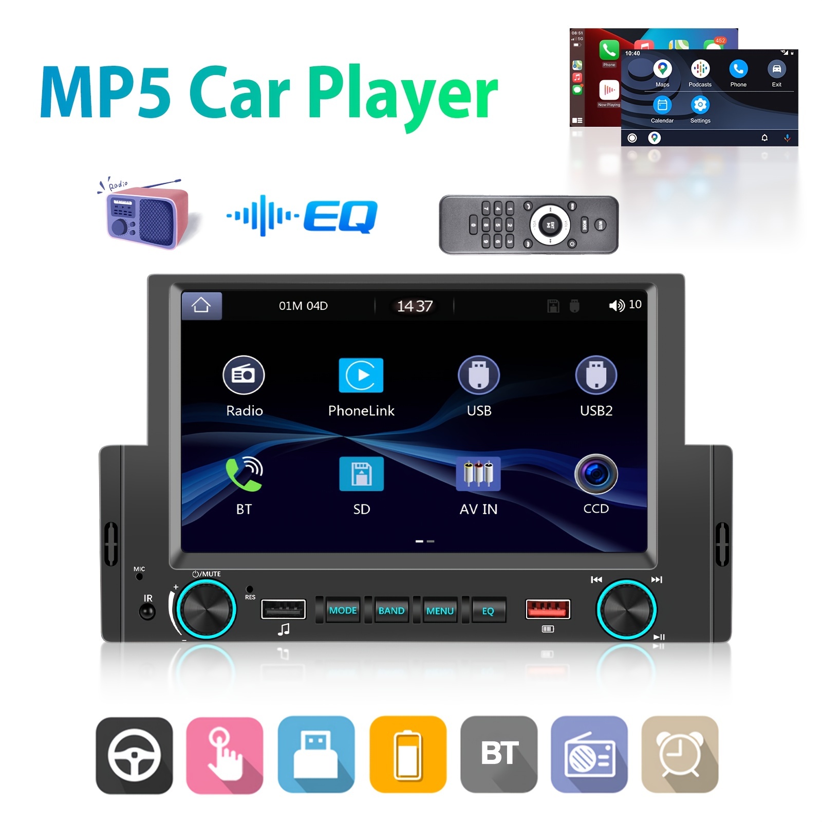 Radio coche, Apple CarPlay inalámbrico, 1 Din, Android Auto
