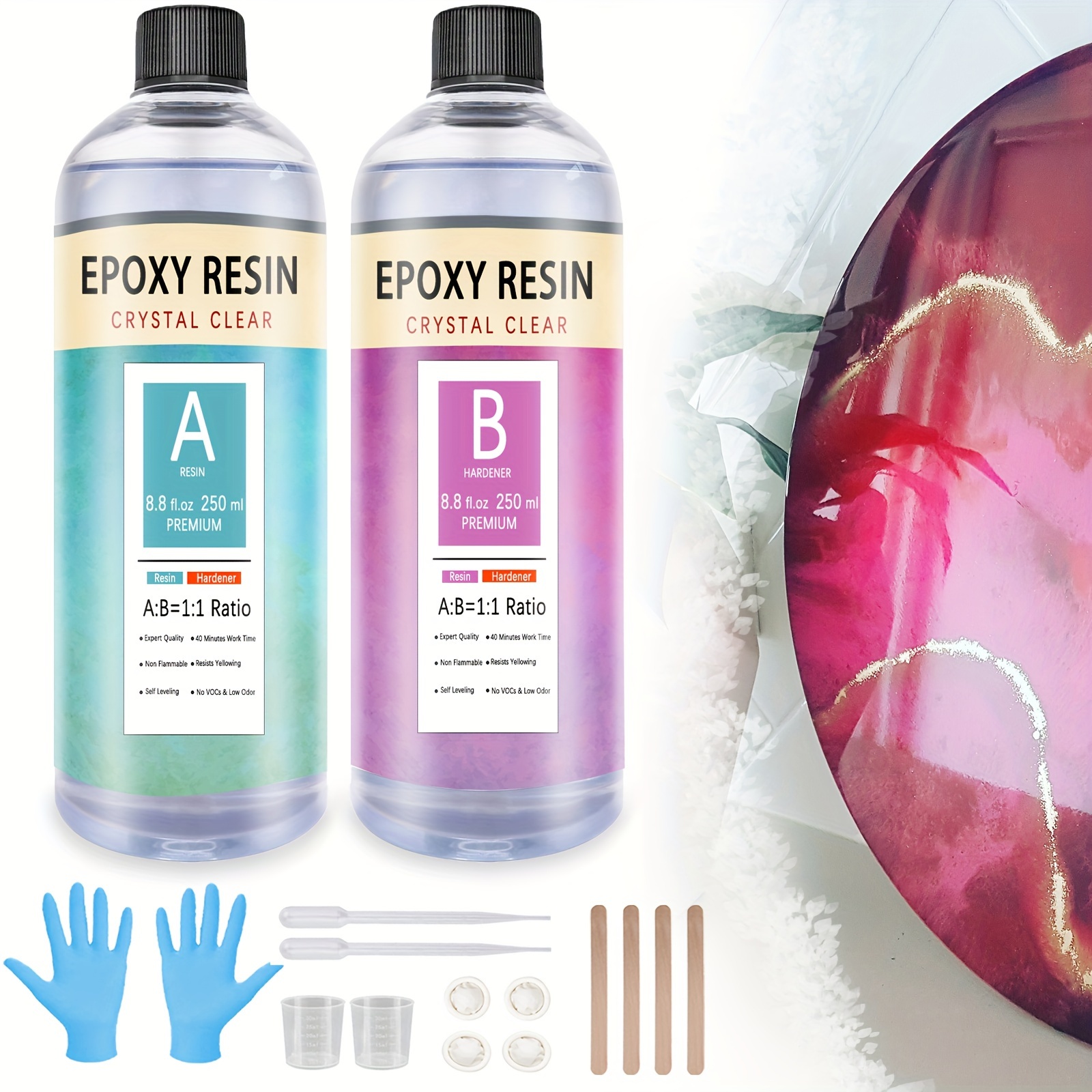 Teexpert Crystal Clear Epoxy Resin Kit 2 Gallon Self-Leveling Coating and Casting Resin, High-Gloss & Bubbles Free Resin and Hardener Kit for DIY