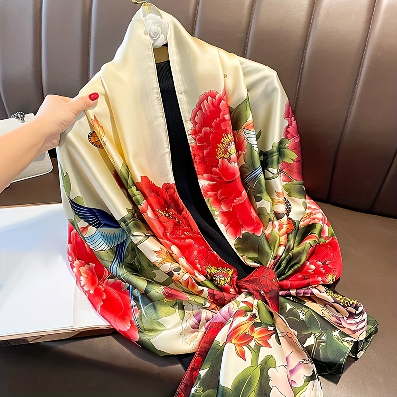 

Peony Bird Butterfly Print Scarf Elegant Satin Shawl Classic Imitation Silk Head Wrap Sunscreen Travel Beach Towel For Summer Outdoor