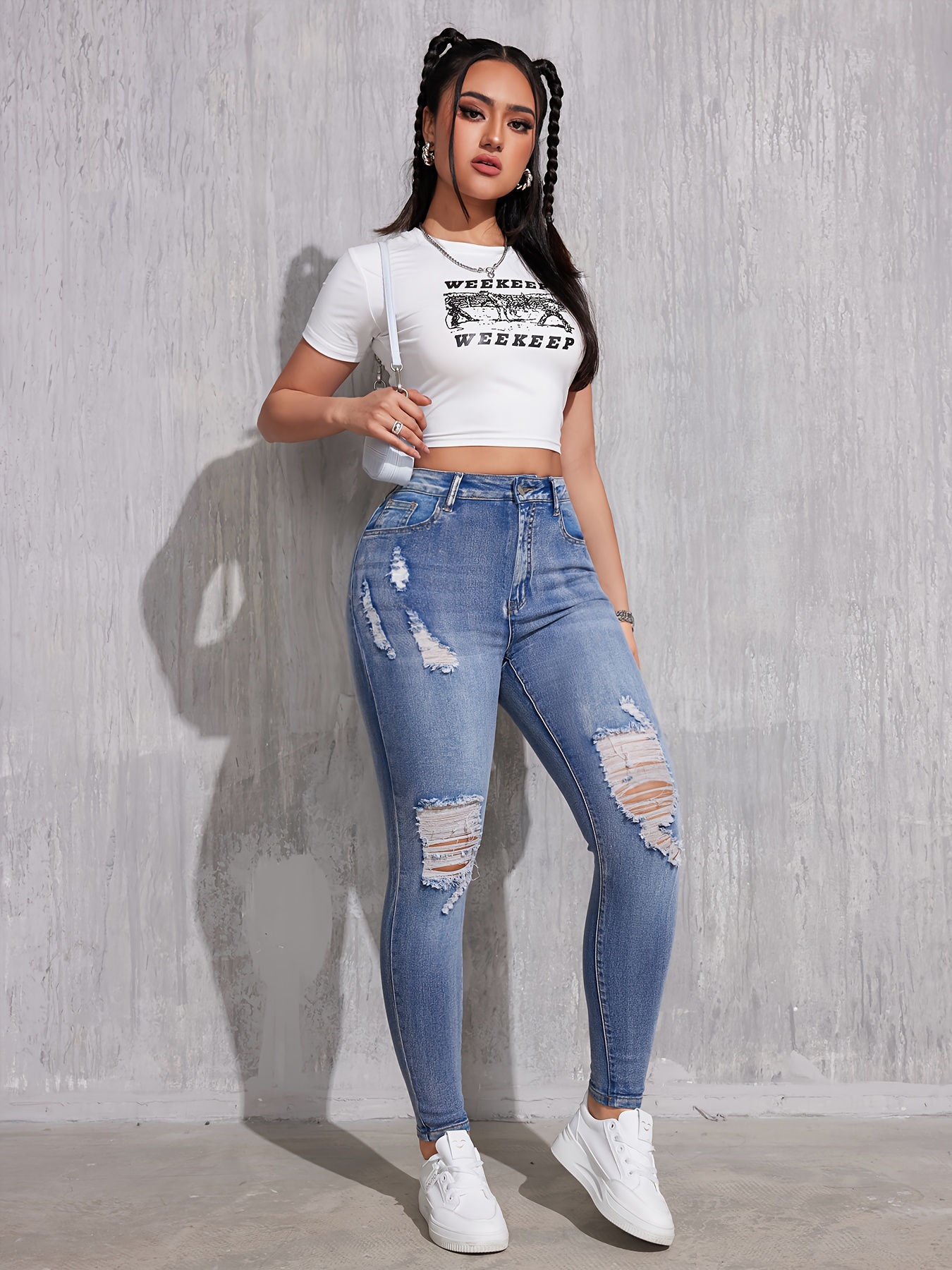 Blue Ripped Skinny Fit Jeans, Distressed High Waist Stretchy Slash Pockets  Tight Fit Jeans, Women's Denim Jeans & Clothing