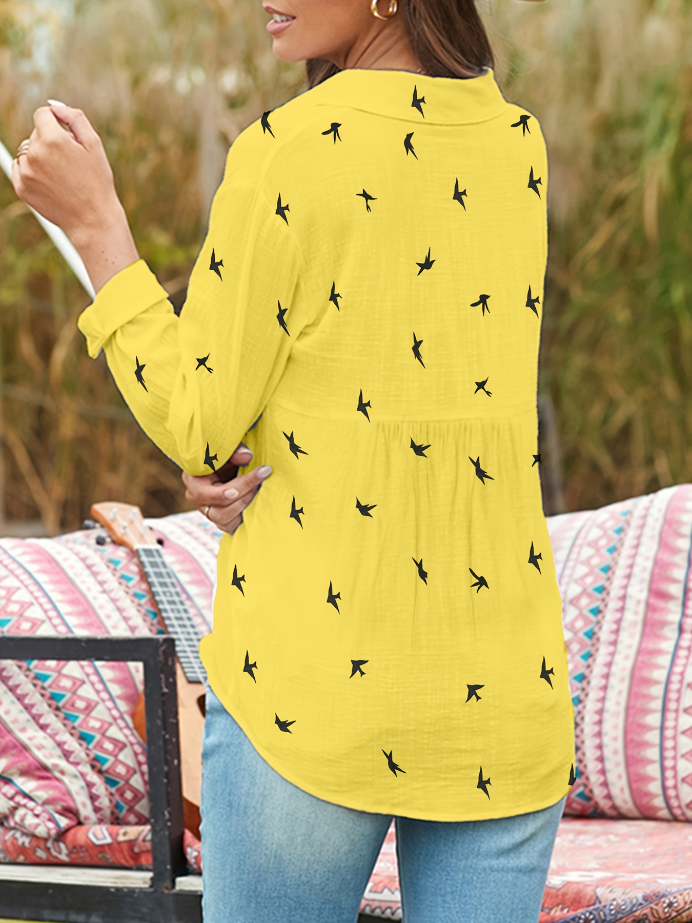 Womens Shirts Dressy Casual Linen Blouse Womens Long Sleeve Tops V Neck T  Shirt Fashion Women Loose Buttons Bird Print Lapel Shirt Blouse Tops Bird  Blue : : Fashion