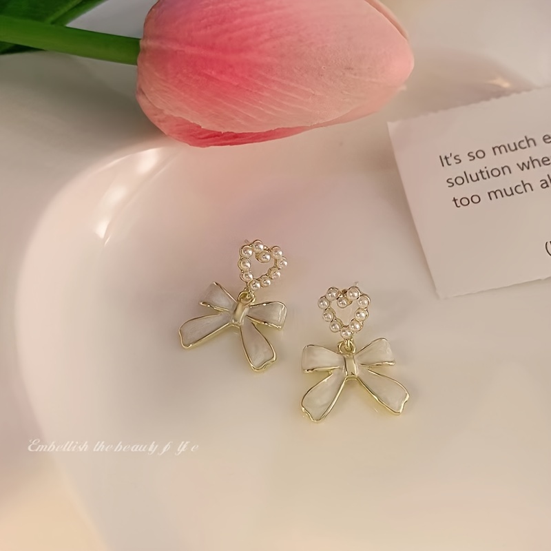 Bow Shaped Heart-shaped Earrings, Artificial Pearl Decoration, Earrings, Elegant And Minimalist Style, Alloy Jewelry, Exquisite Women's Gift
