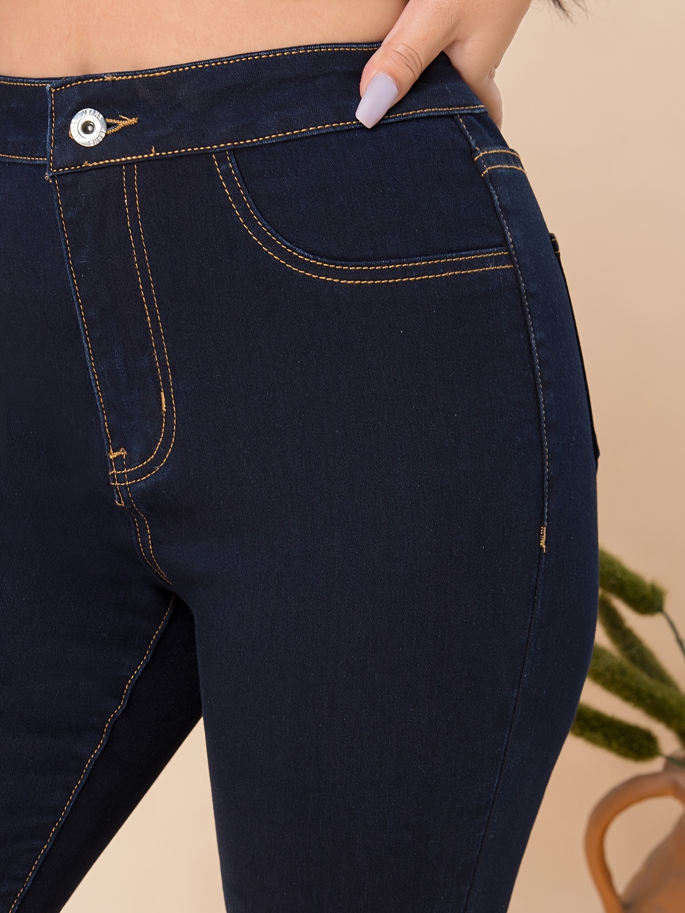 High * Curvy Plain Design Legs Dark Blue Skinny Jeans, High Waist Stretchy  Denim Pants, Women's Denim Jeans, Women's Clothing