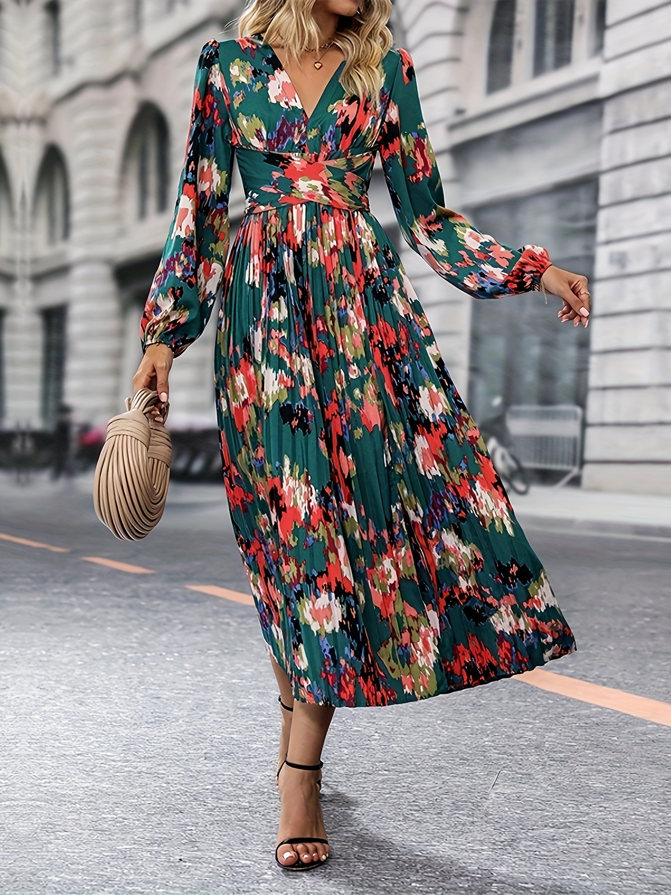 Elegant Jacquard A Line Dress, Casual Long Sleeve Solid Spring & Summer  Swing Dresses, Women's Clothing