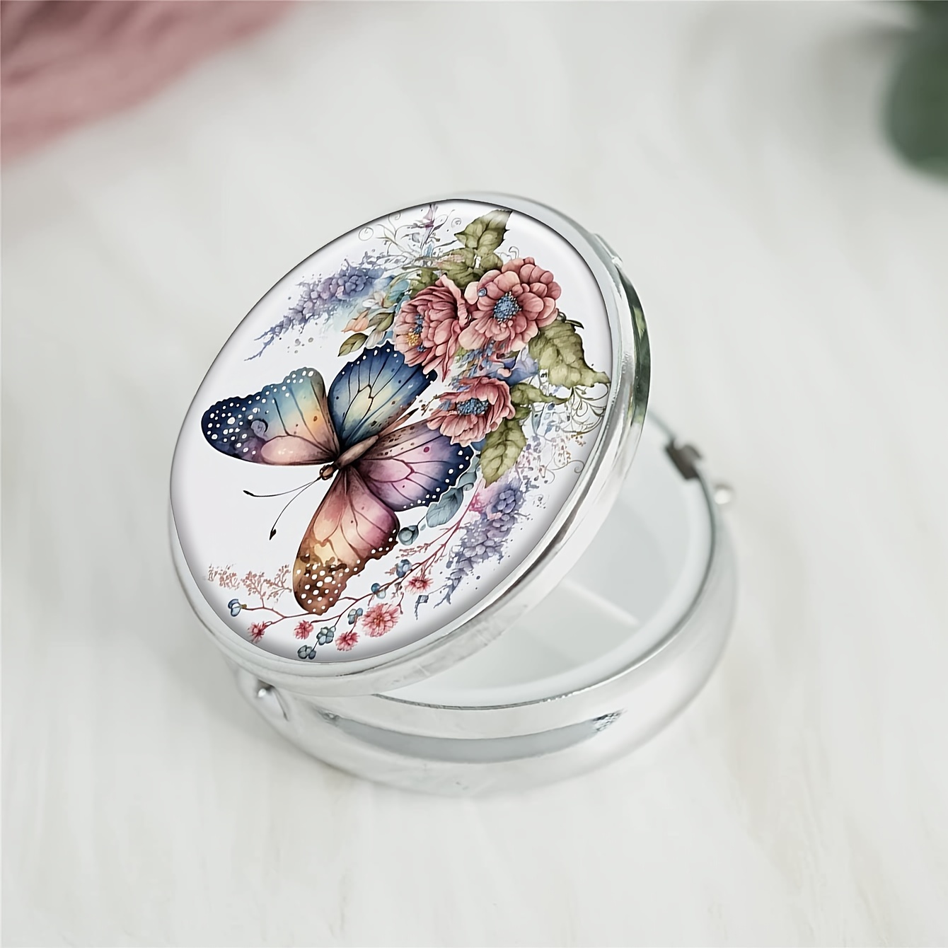 1pc vintage butterfly floral round pill box household portable medicine storage box 3 grid sub packaging medicine box for outdoor travel office organizer christmas gift details 5