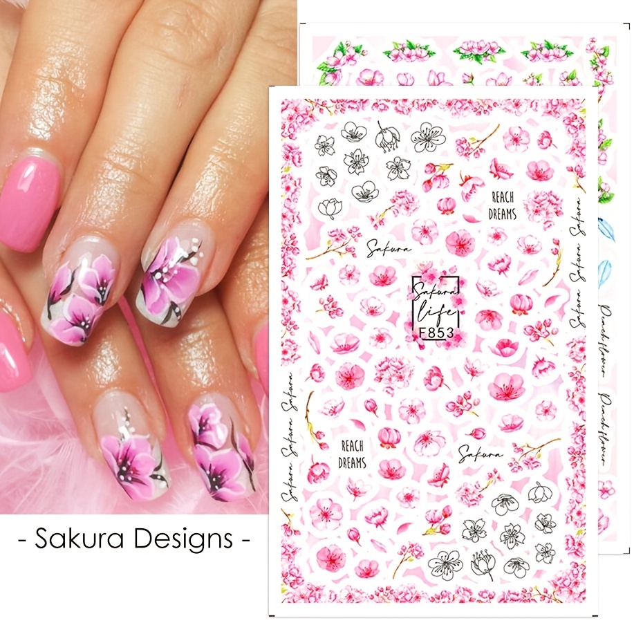 Flower Nail Art Stickers Cherry Blossom 3D Self-Adhesive Nail Decals Spring  Peach Blossom Nail Supplies for Women Girls Sakura Nail Accessories DIY