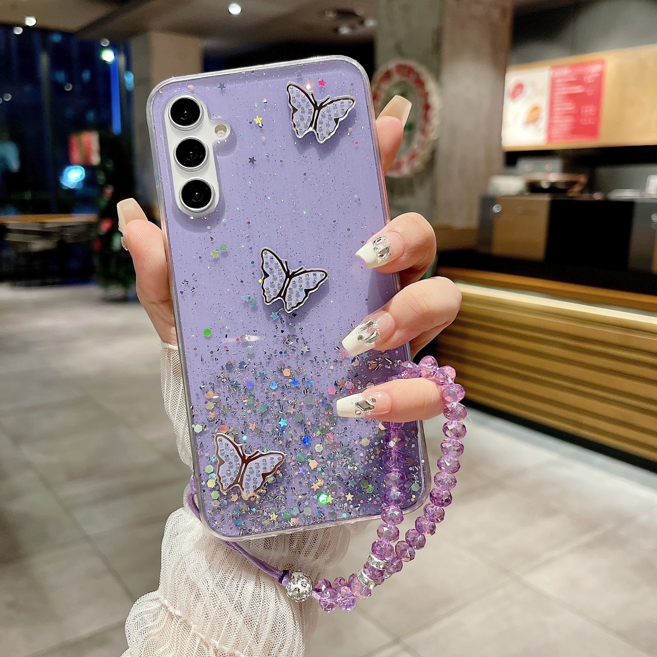 TEMU Starry For   Galaxy A35 A55 A05 A05s Sparkling Diamond Butterfly Handrope Phone Case